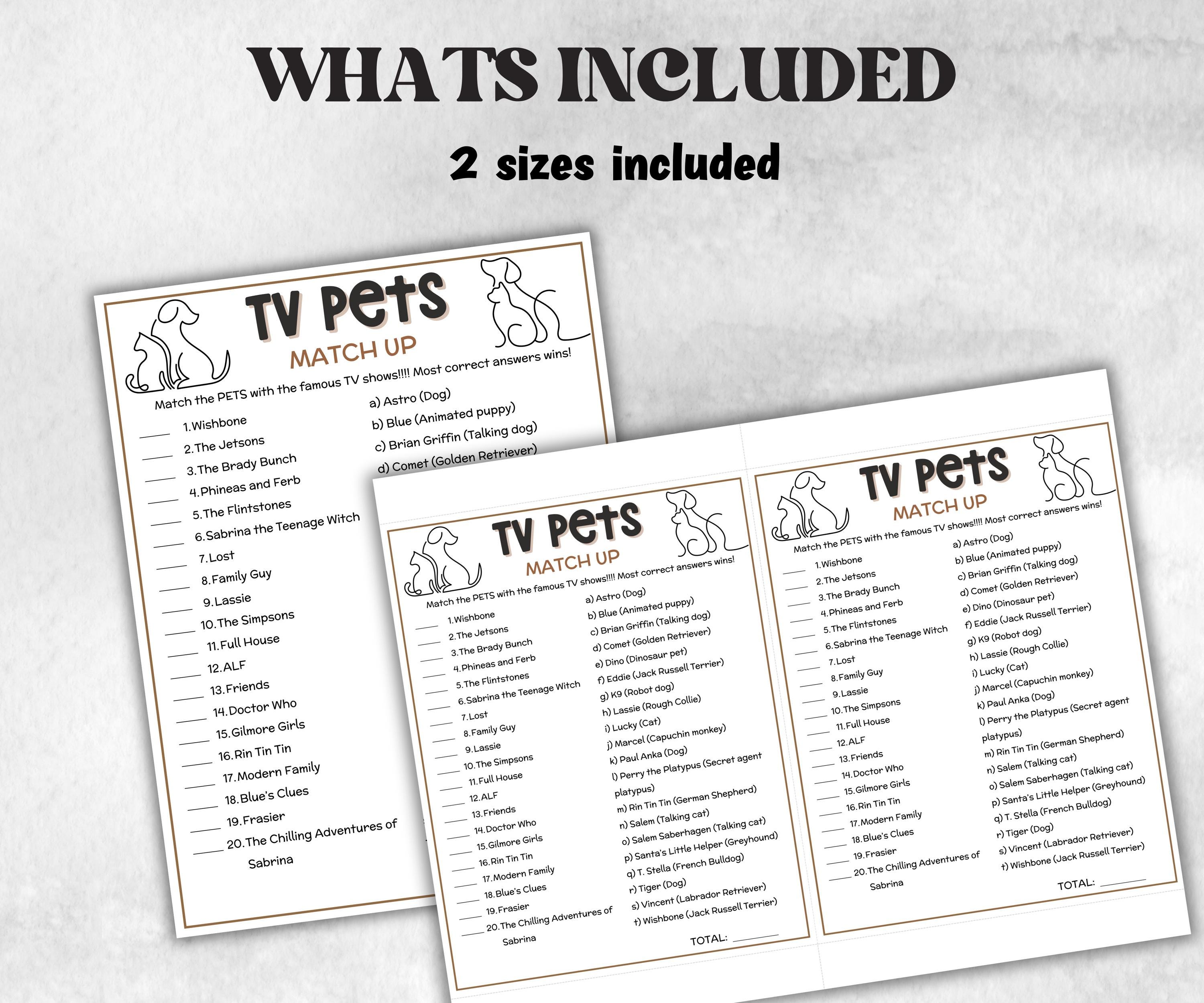 TV pets trivia party Game, dog cat Quiz, TV Sitcoms, Senior Game night, family activity, Kids Teen Adult party guess games, fall icebreaker-Holidays -TheHustlingCatLady-Party Games