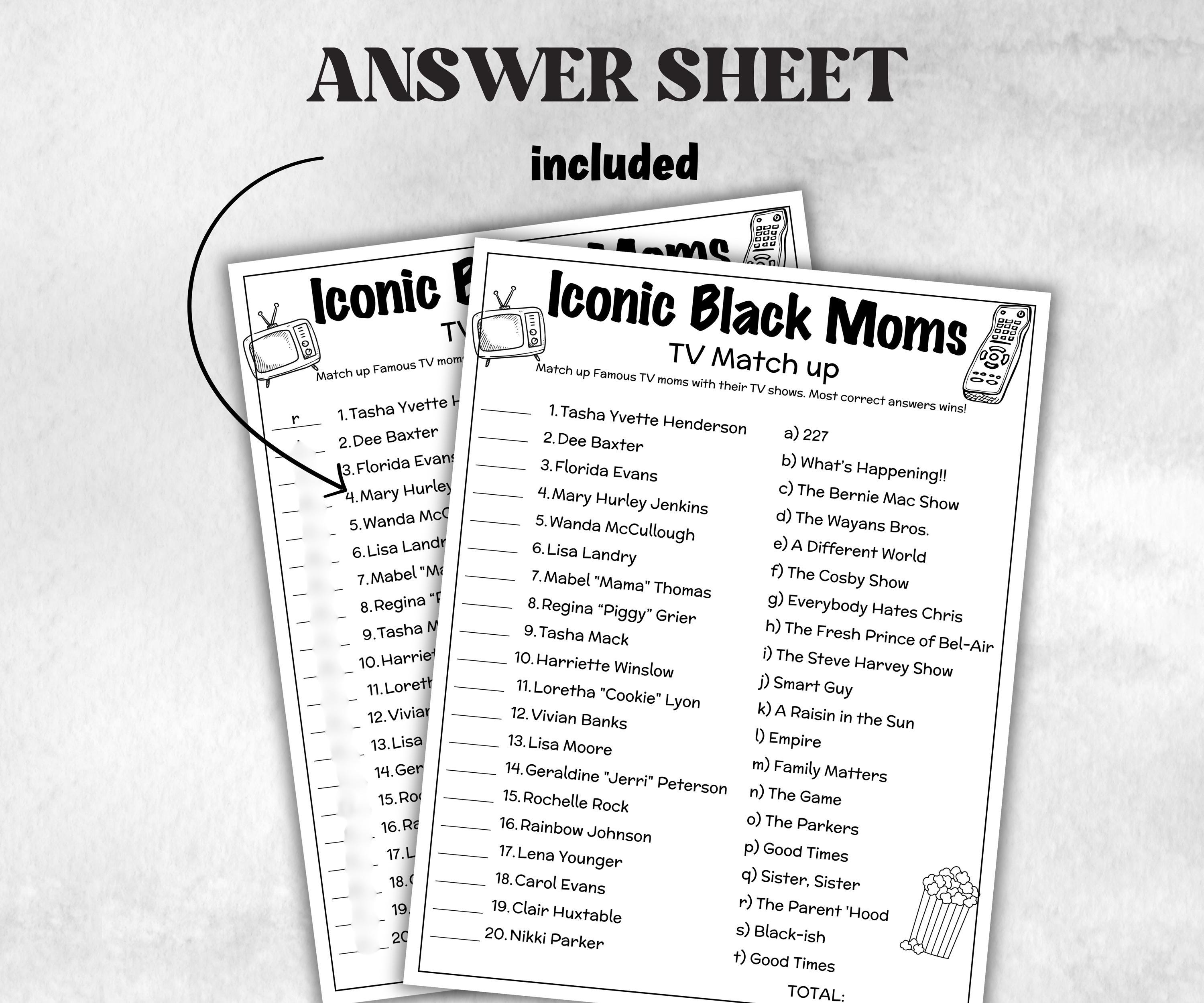 Iconic TV Black Moms trivia party Game, Black Culture Quiz, Black TV Sitcoms, African Black Mothers Day, Famous Black Moms, Black History-Holidays -TheHustlingCatLady-Party Games