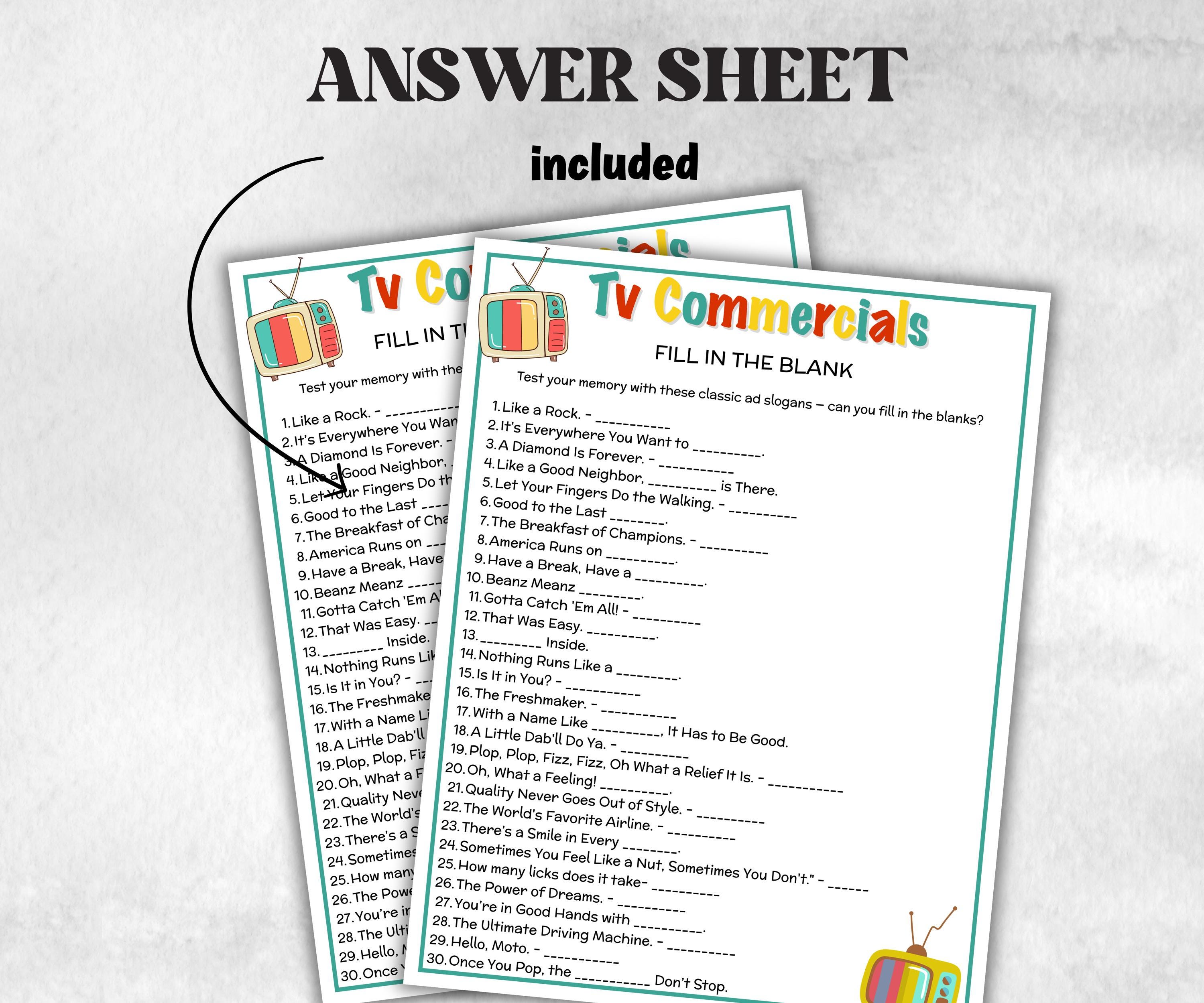 Ad Slogan Fill in the blank Quiz, TV Commercial Match Up Trivia Game, Senior Game night, family activity, Kids Teen Adult party guess games-Holidays -TheHustlingCatLady-Party Games