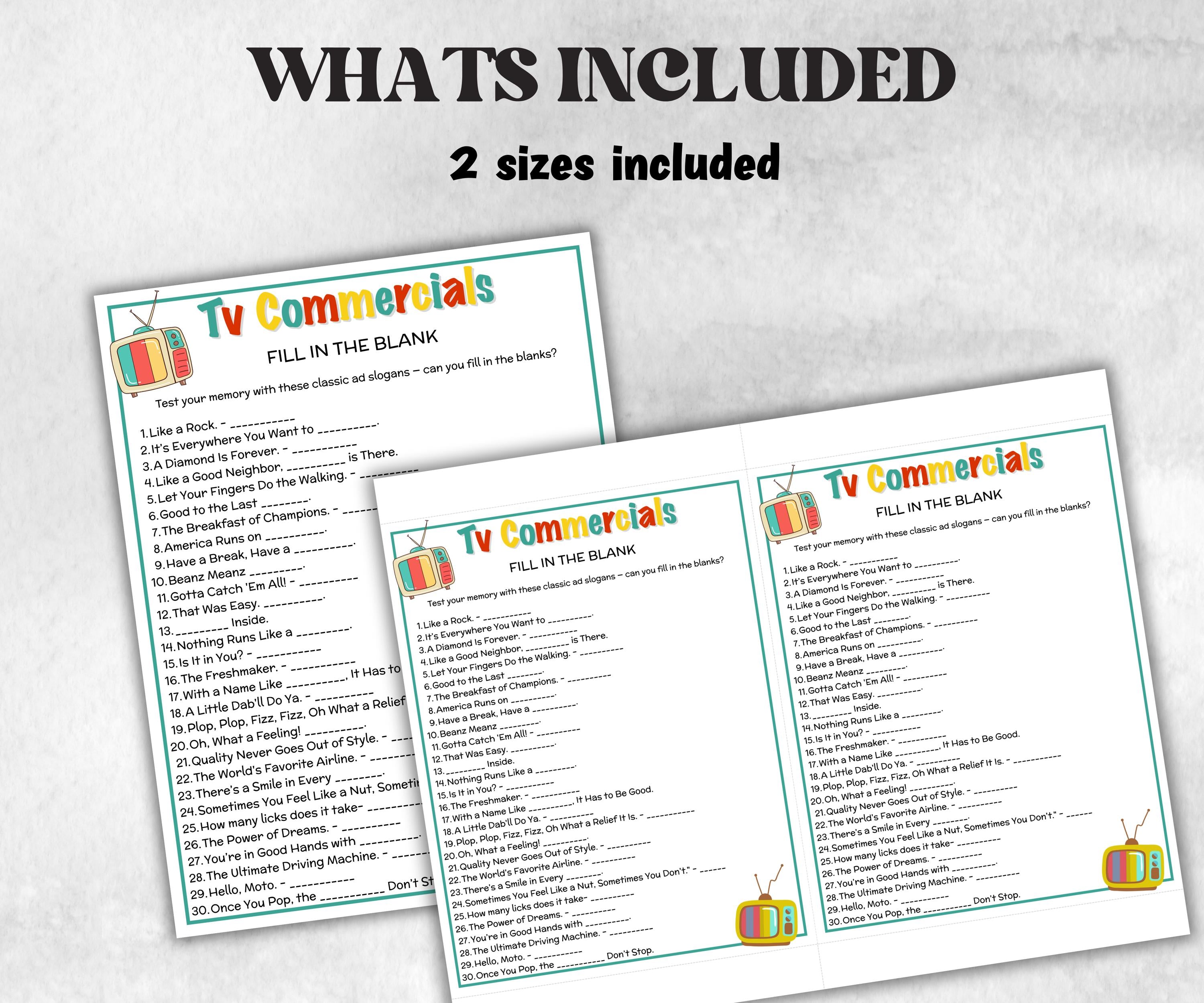 Ad Slogan Fill in the blank Quiz, TV Commercial Match Up Trivia Game, Senior Game night, family activity, Kids Teen Adult party guess games-Holidays -TheHustlingCatLady-Party Games