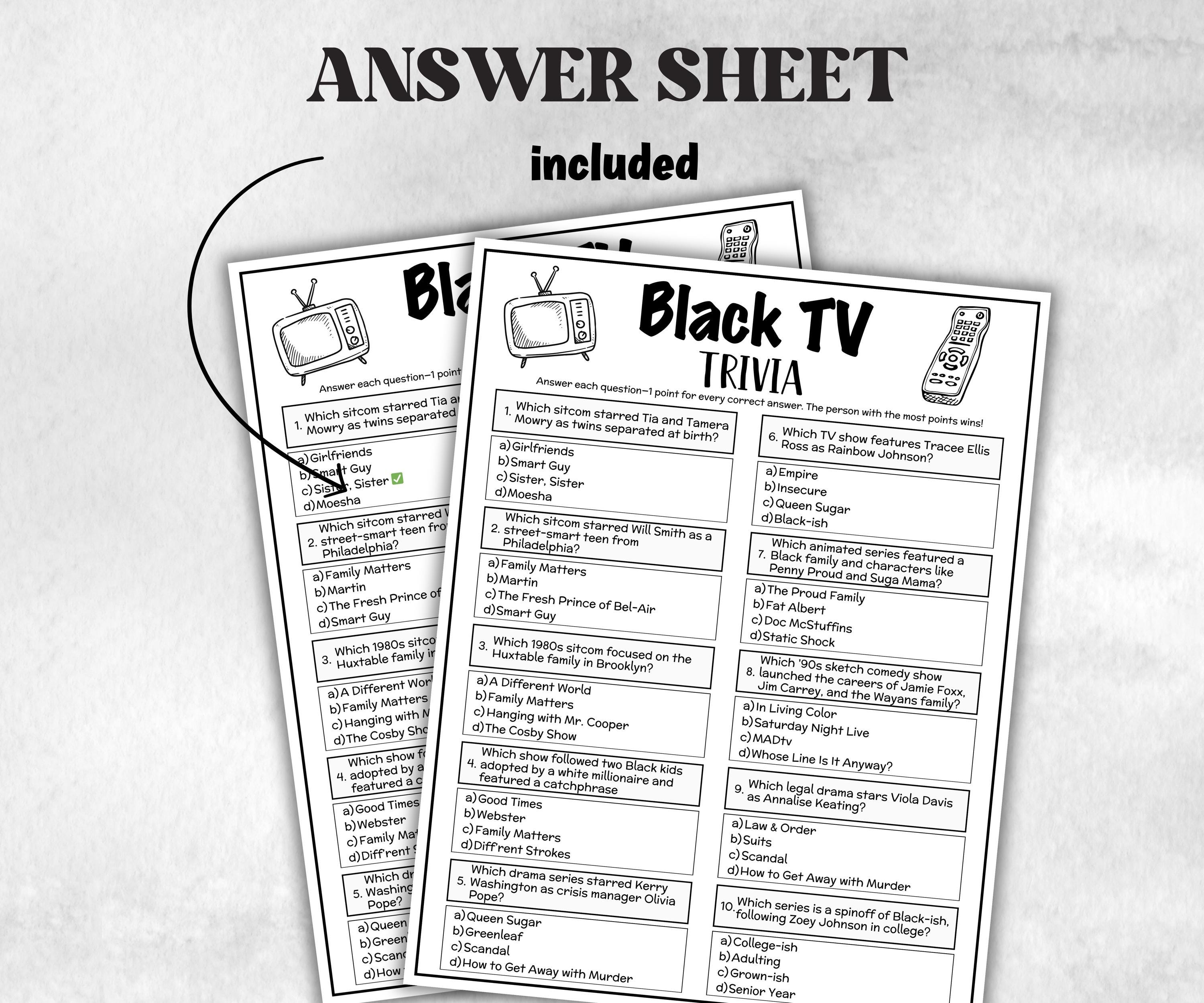 Black TV trivia party Game, Black Culture Quiz, Black TV Sitcoms, African American Games, Black History, Summer Icebreaker questions, Party-Holidays -TheHustlingCatLady-Party Games