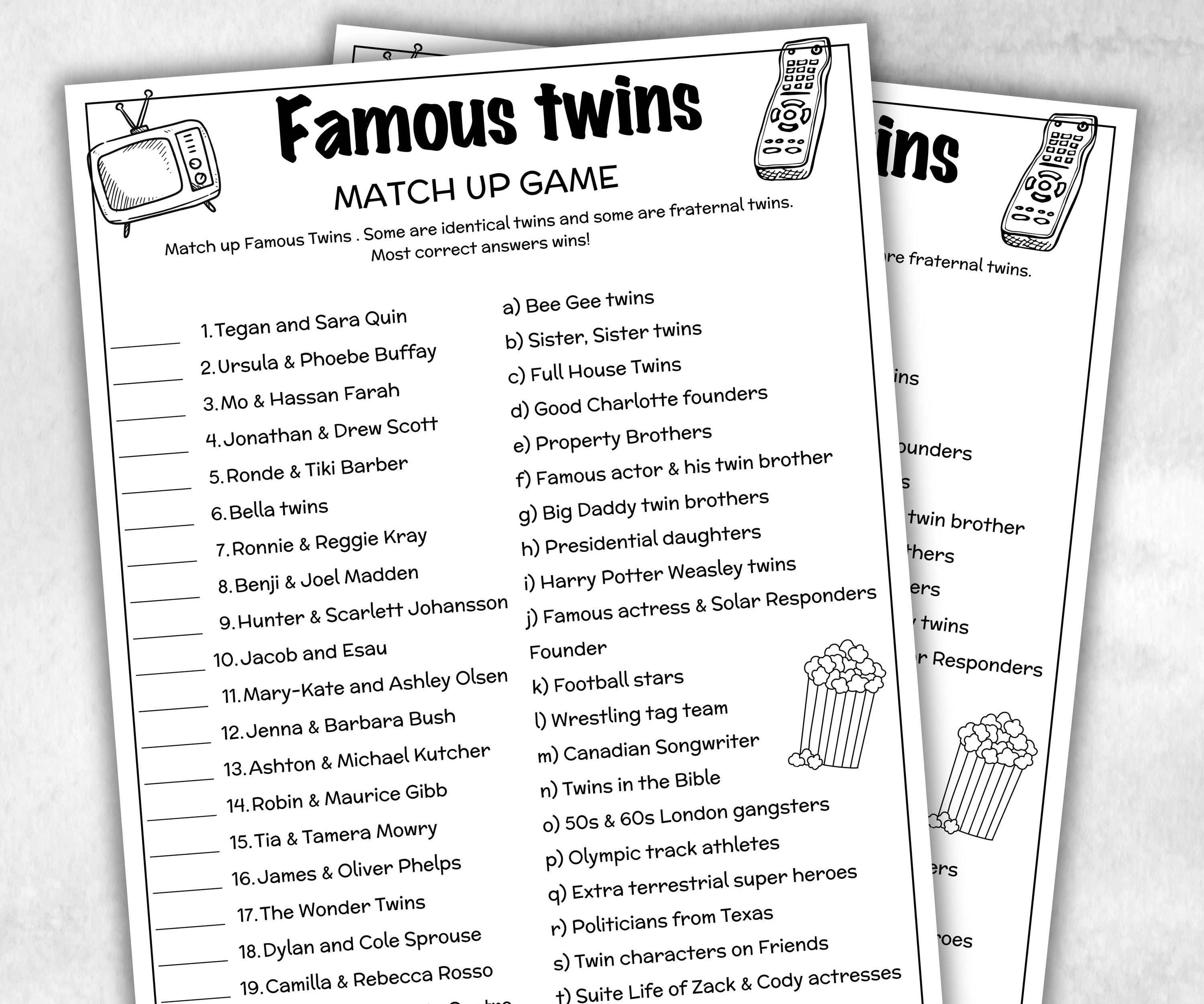 Famous Twins Trivia for Baby Showers Activity, Twin Birthday game,Printable Celebrity Twin Match Up Game, Twin Minimalist Shower,Shower quiz-Holidays -TheHustlingCatLady-Party Games
