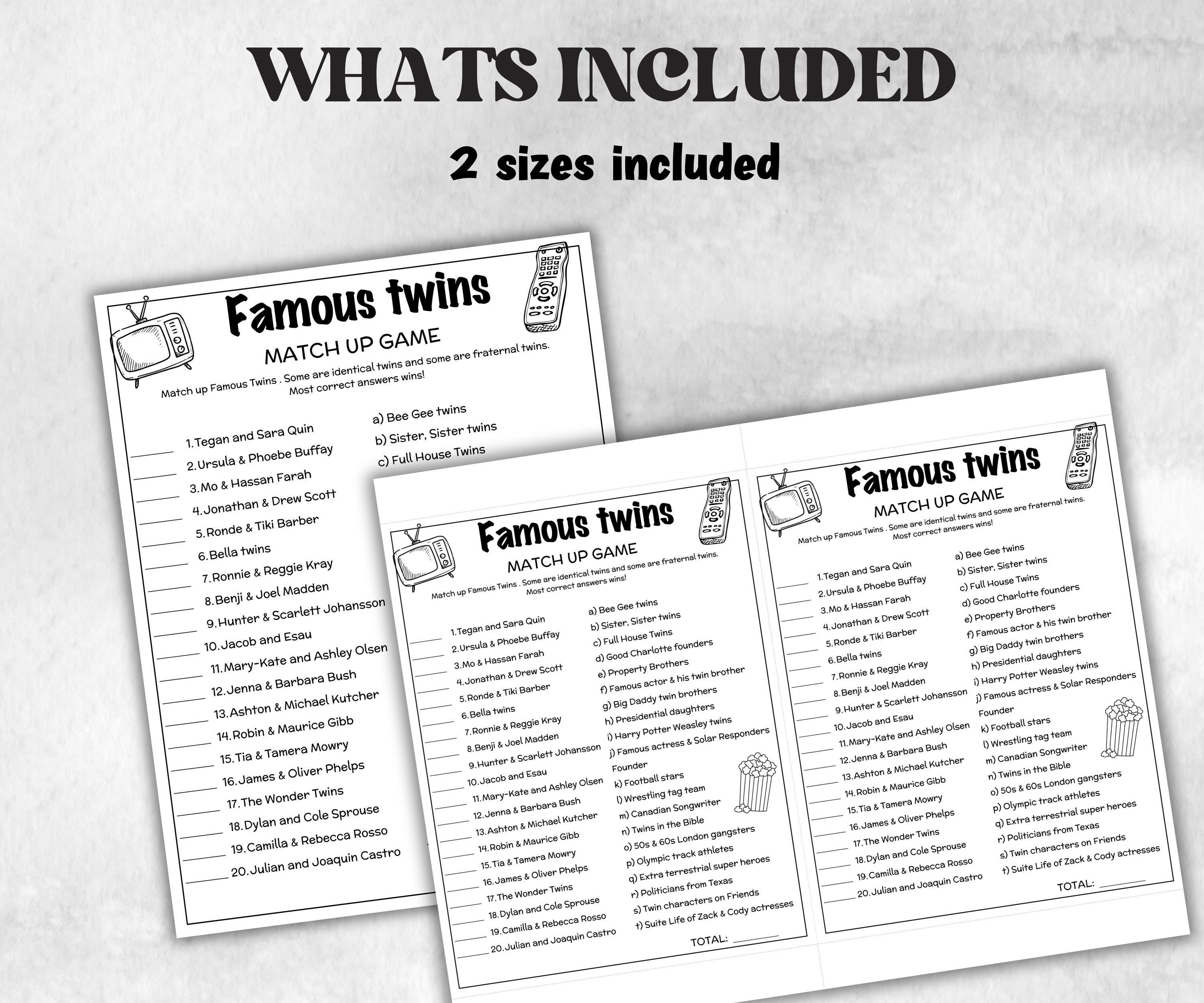 Famous Twins Trivia for Baby Showers Activity, Twin Birthday game,Printable Celebrity Twin Match Up Game, Twin Minimalist Shower,Shower quiz-Holidays -TheHustlingCatLady-Party Games
