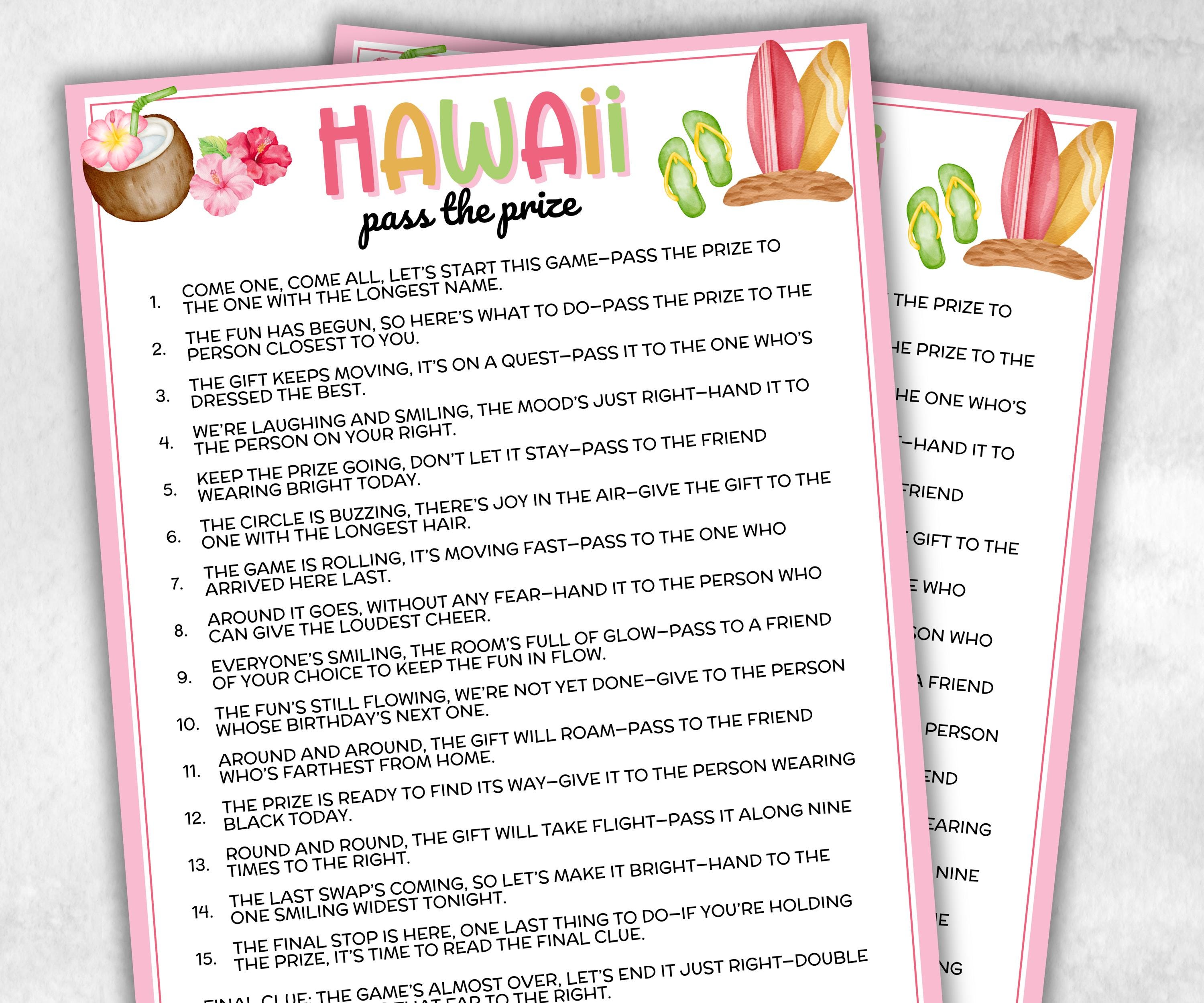 Hawaiian Pass The Prize, Tropical Aloha Luau, Tiki Summer, Hawaii Beach Vacation, Backyard BBQ Pool Party, fun gift exchange, outdoor party-Holidays -TheHustlingCatLady-Party Games