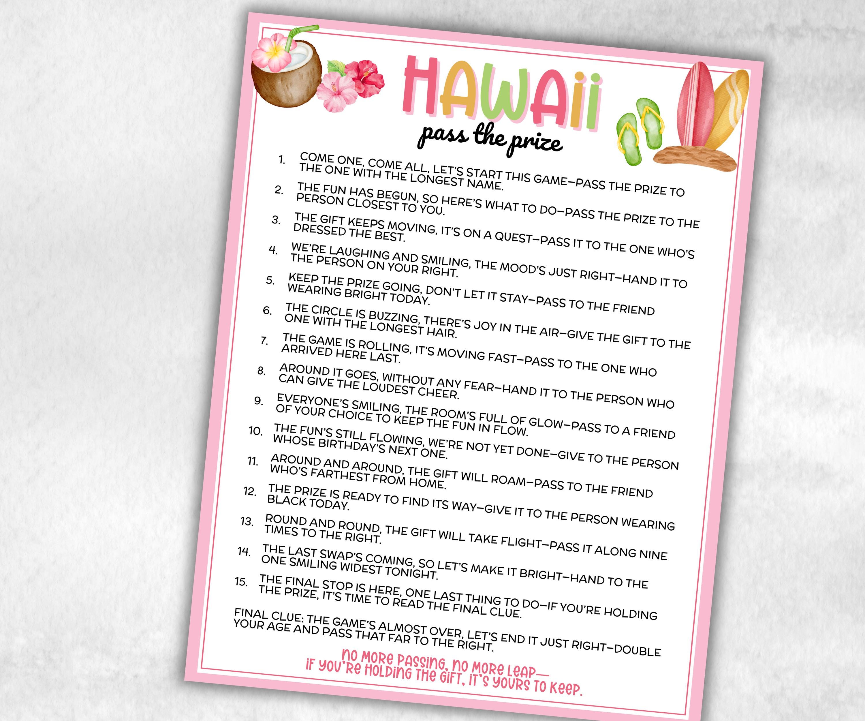 Hawaiian Pass The Prize, Tropical Aloha Luau, Tiki Summer, Hawaii Beach Vacation, Backyard BBQ Pool Party, fun gift exchange, outdoor party-Holidays -TheHustlingCatLady-Party Games
