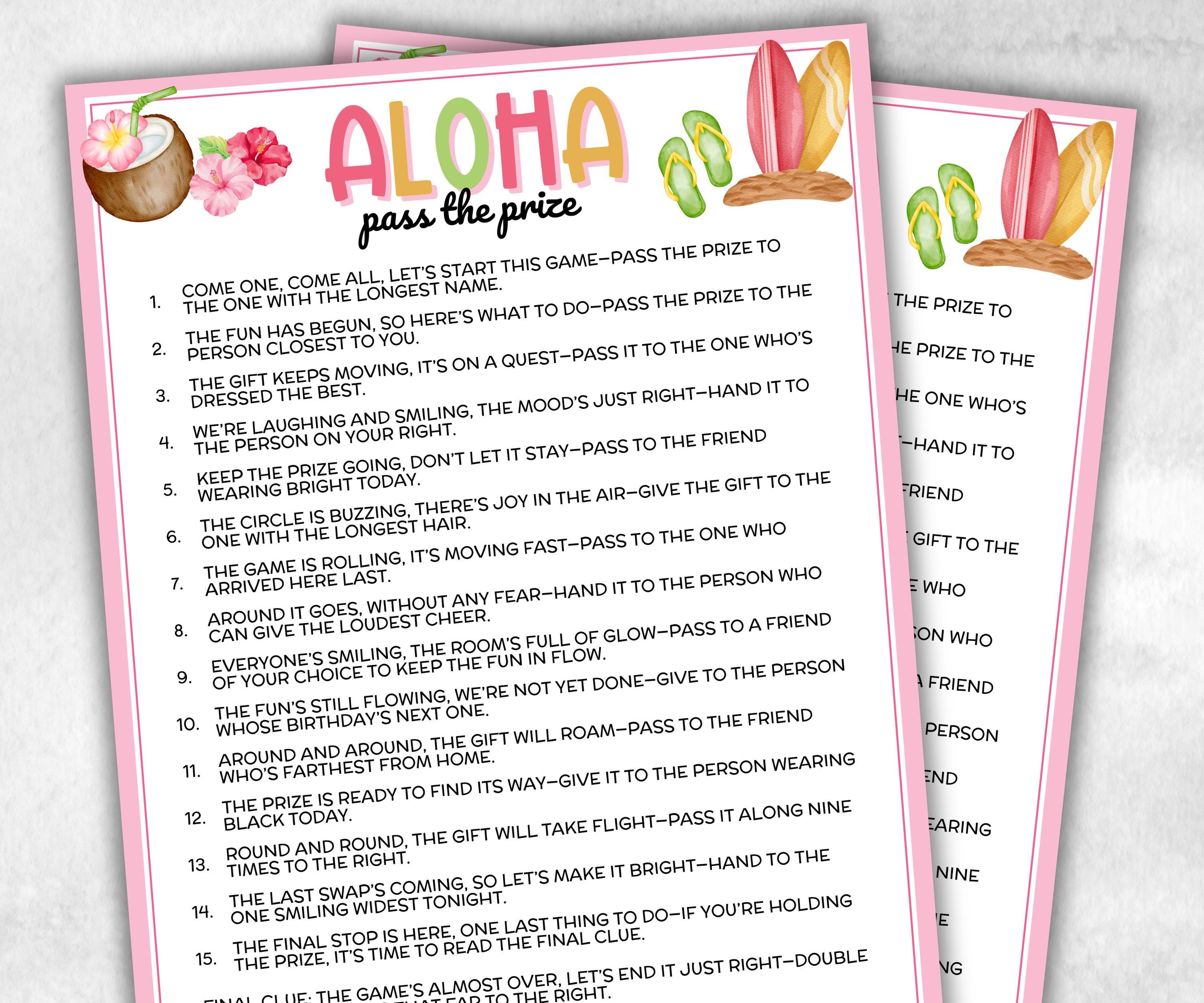 Hawaiian Aloha Pass The Prize, Tropical Luau, Tiki Summer, Hawaii Beach Vacation, Backyard BBQ Pool Party, fun gift exchange, outdoor party-Holidays -TheHustlingCatLady-Party Games
