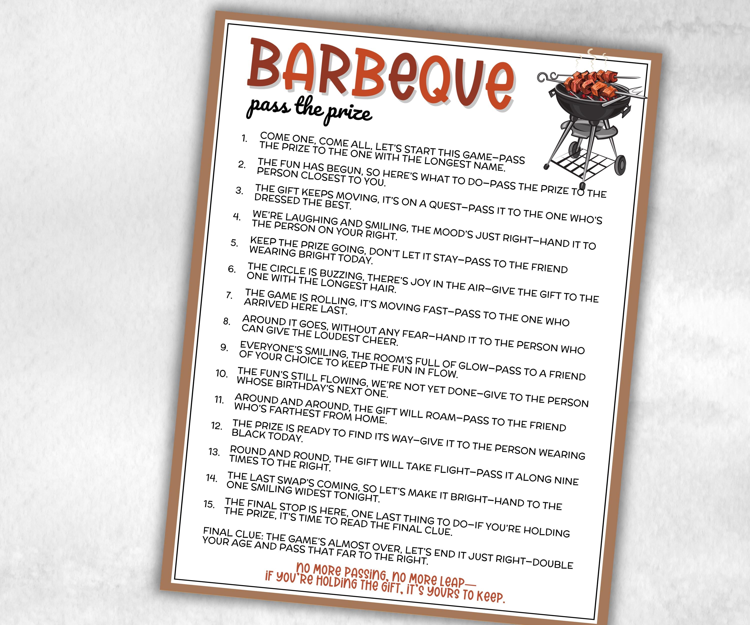 Backyard Barbeque Pass the Prize, wiener sausagefest, grilling activity, national hotdog day Mix and Mingle party, interactive gift exchange-Holidays -TheHustlingCatLady-Party Games