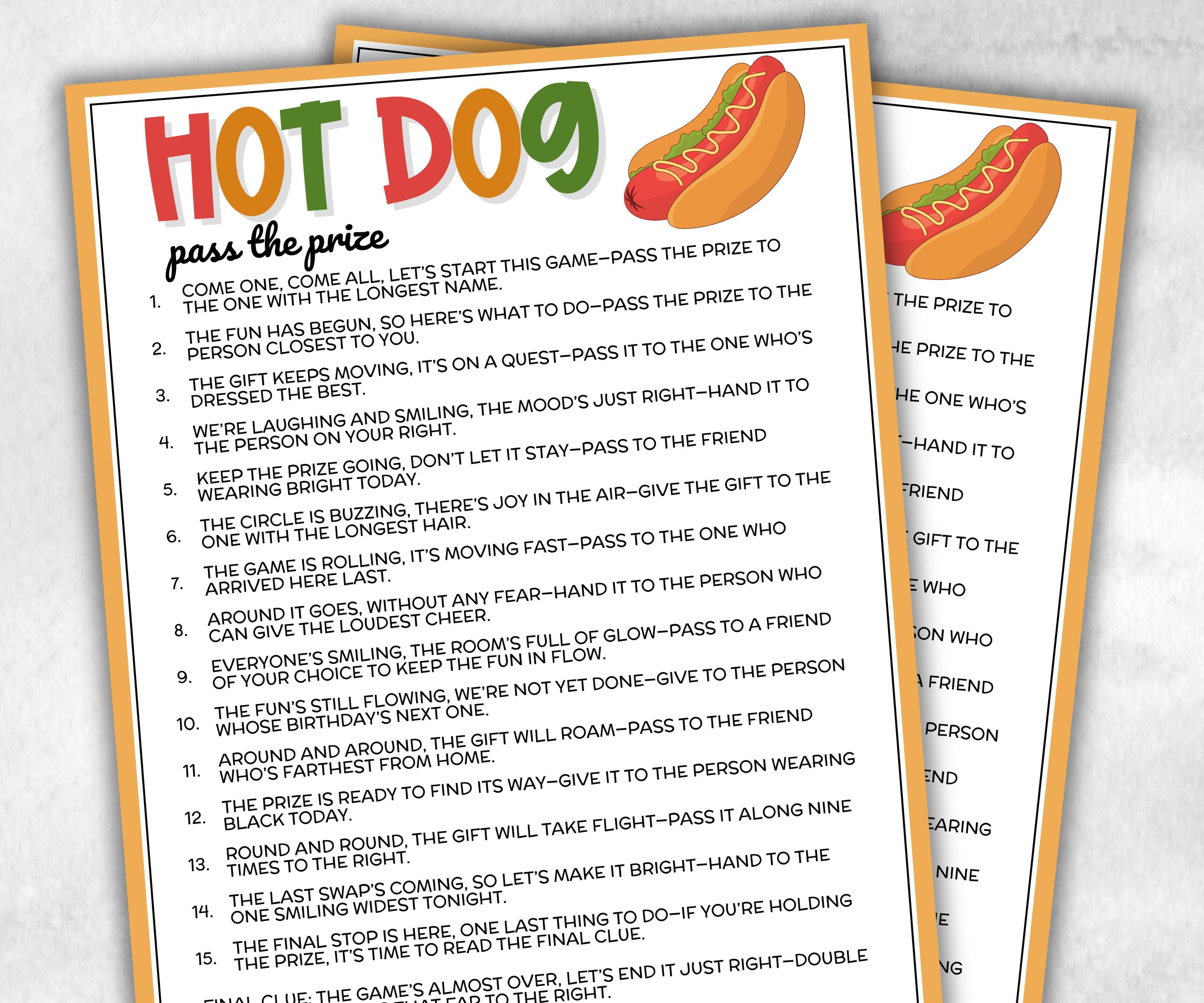 Backyard Hot Dog Pass the Prize, wiener sausagefest, grilling activity, national hotdog day, summer party, interactive tween gift exchange-Holidays -TheHustlingCatLady-Party Games