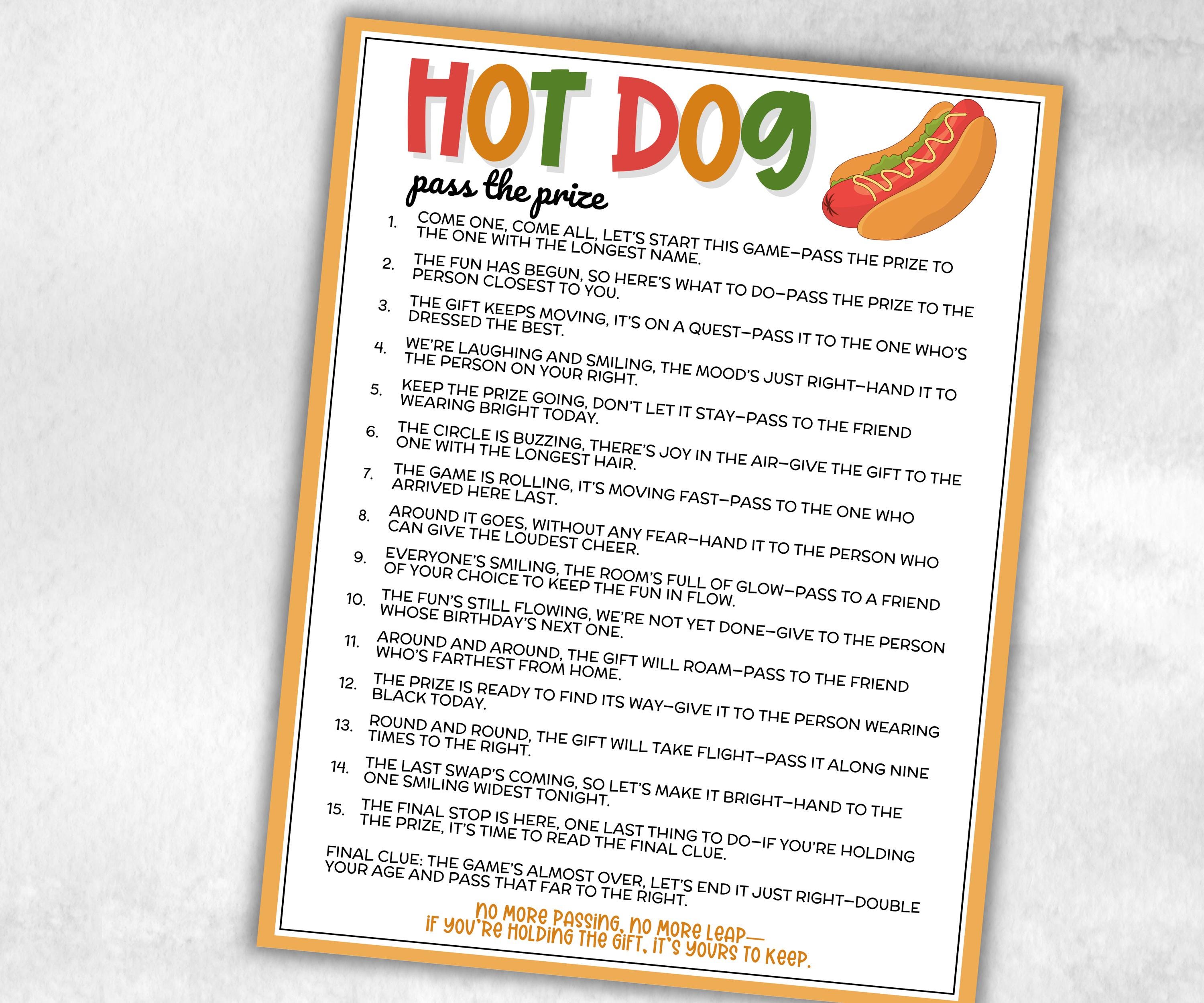 Backyard Hot Dog Pass the Prize, wiener sausagefest, grilling activity, national hotdog day, summer party, interactive tween gift exchange-Holidays -TheHustlingCatLady-Party Games