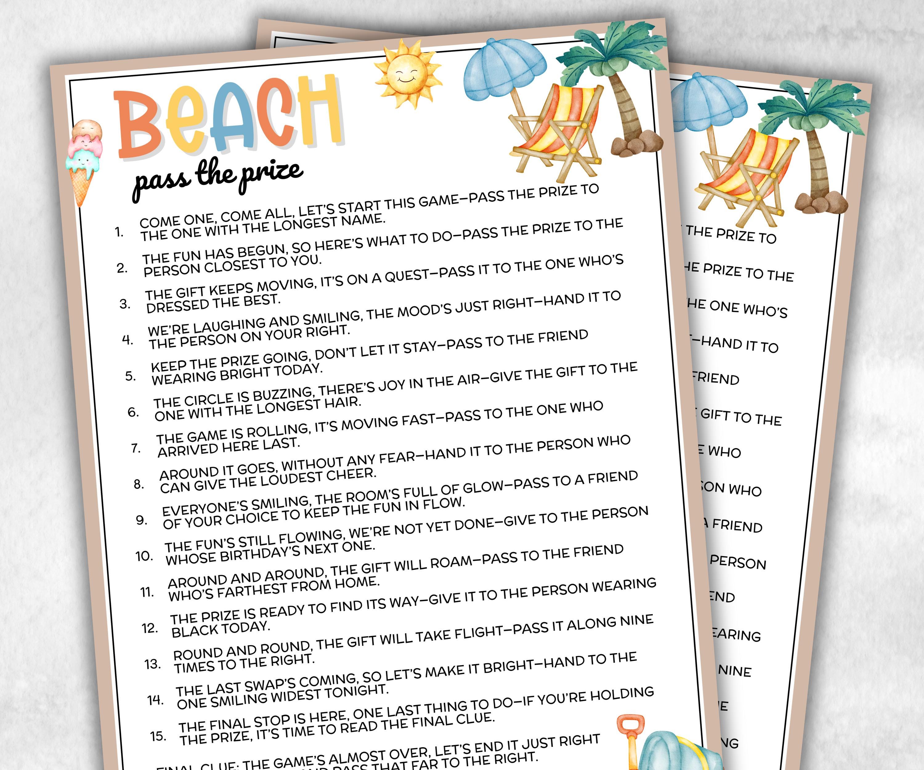 Beach Theme Pass The Prize, Outdoor Game, Beach Pool, summer BBQ, June July August, interactive fun gift exchange, mingle conversation game-Holidays -TheHustlingCatLady-Party Games