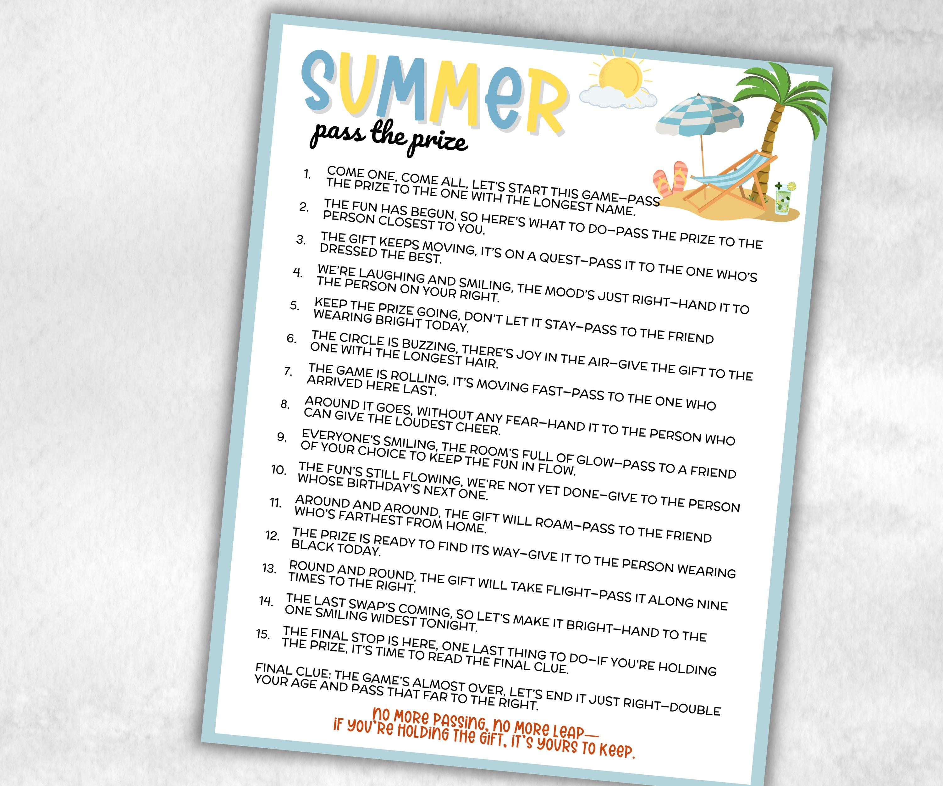 Summer Theme Pass The Prize, Seniors Indoor Outdoor, Summer Camp, BBQ, June July August, interactive fun gift exchange, conversation game-Holidays -TheHustlingCatLady-Party Games