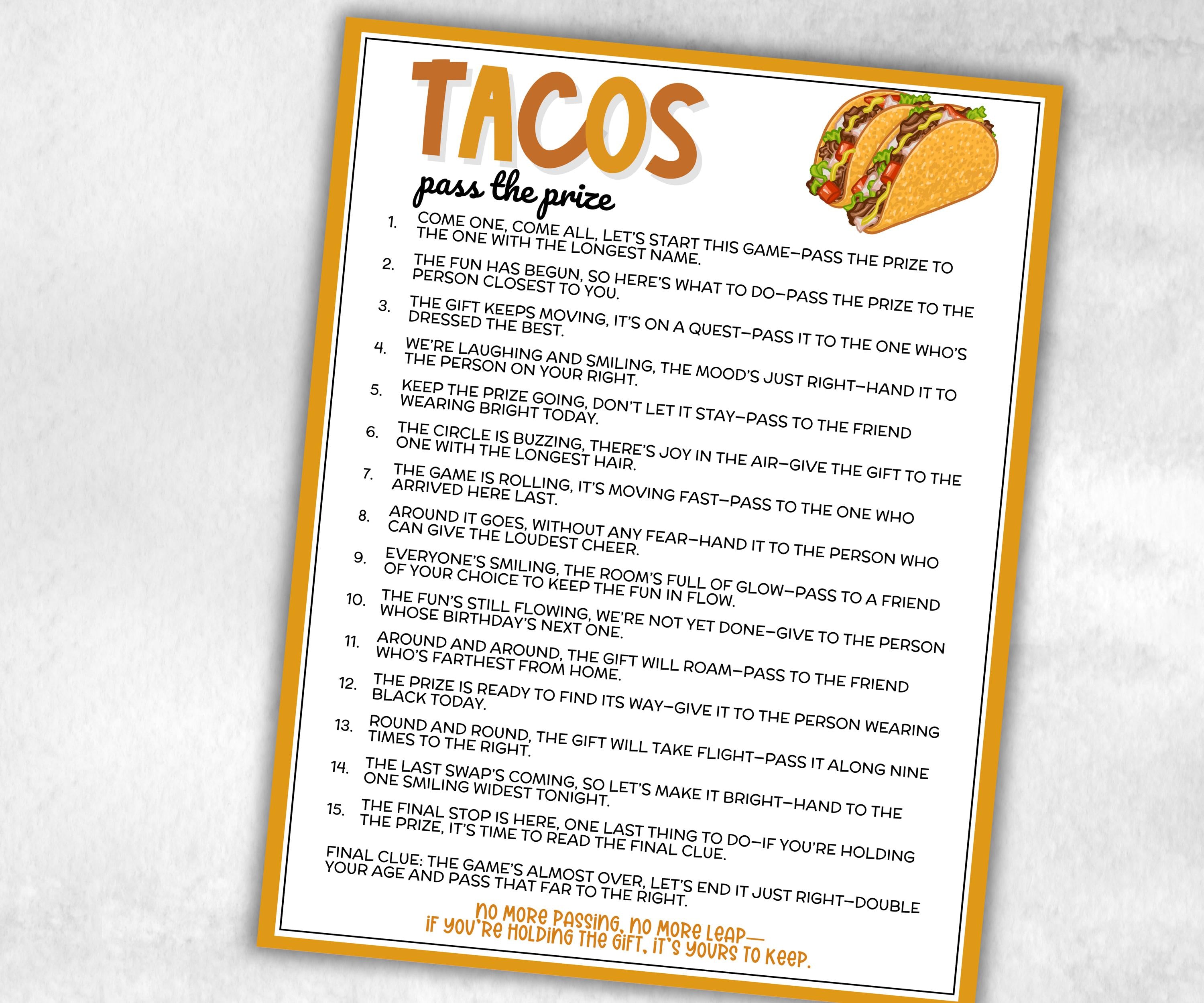 Taco Pass the Prize, Cinco de Mayo, fiesta taco birthday, southwestern shower, interactive gift exchange, Mexican conversation fiesta game-Holidays -TheHustlingCatLady-Party Games
