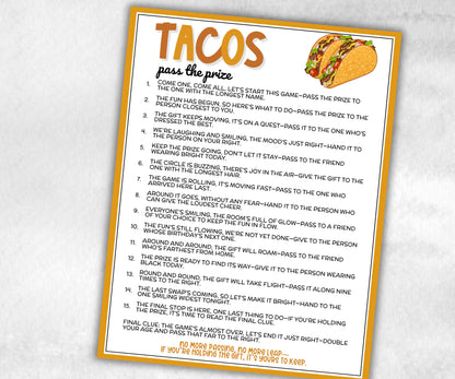Taco Pass the Prize, Cinco de Mayo, fiesta taco birthday, southwestern shower, interactive gift exchange, Mexican conversation fiesta game-Holidays -TheHustlingCatLady-Party Games