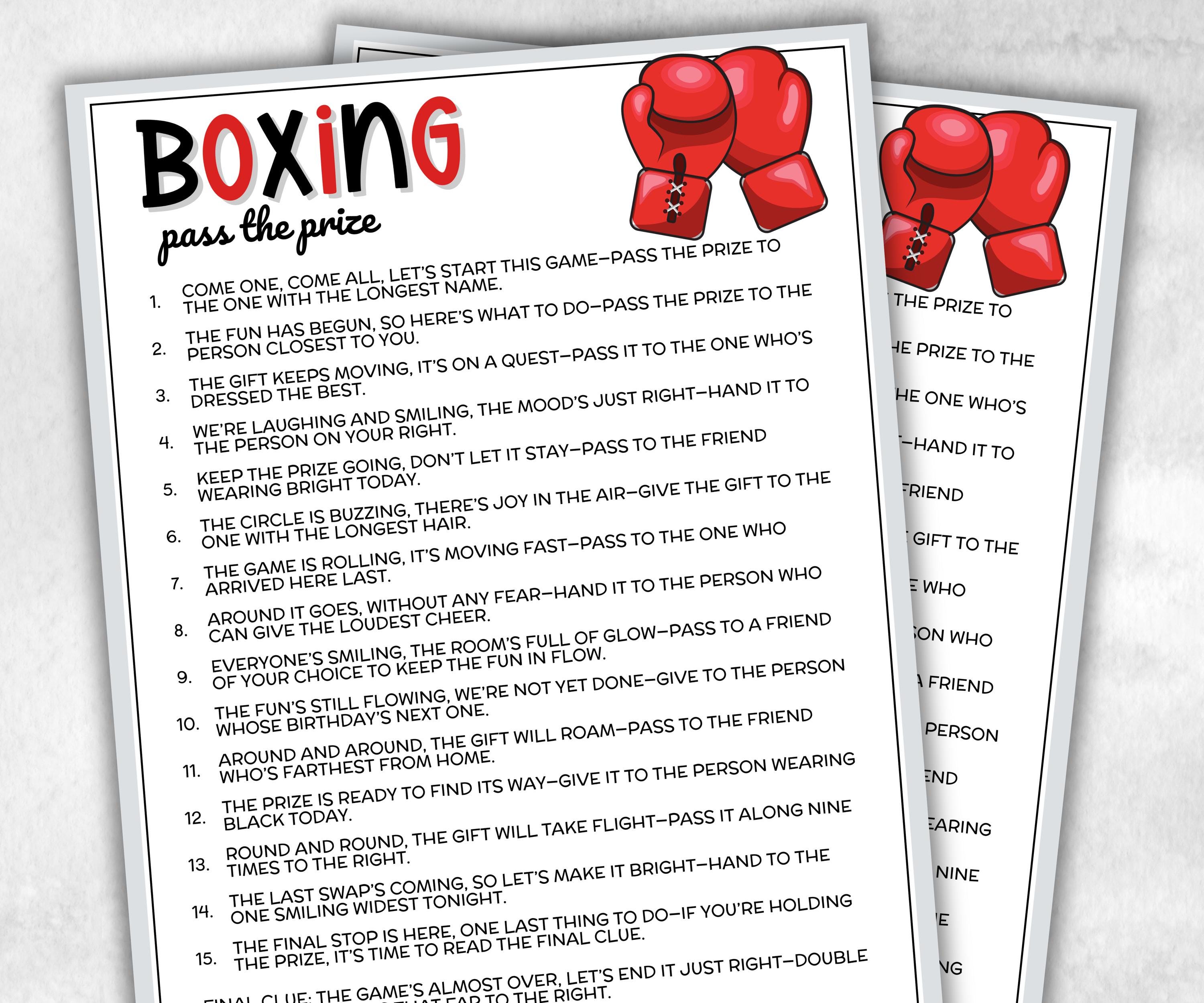 Boxing Pass The Prize, Left Right Olympics Match, Viewing Party, Boxers Meetup, Gym activity, interactive gift exchange, conversation game-Holidays -TheHustlingCatLady-Party Games