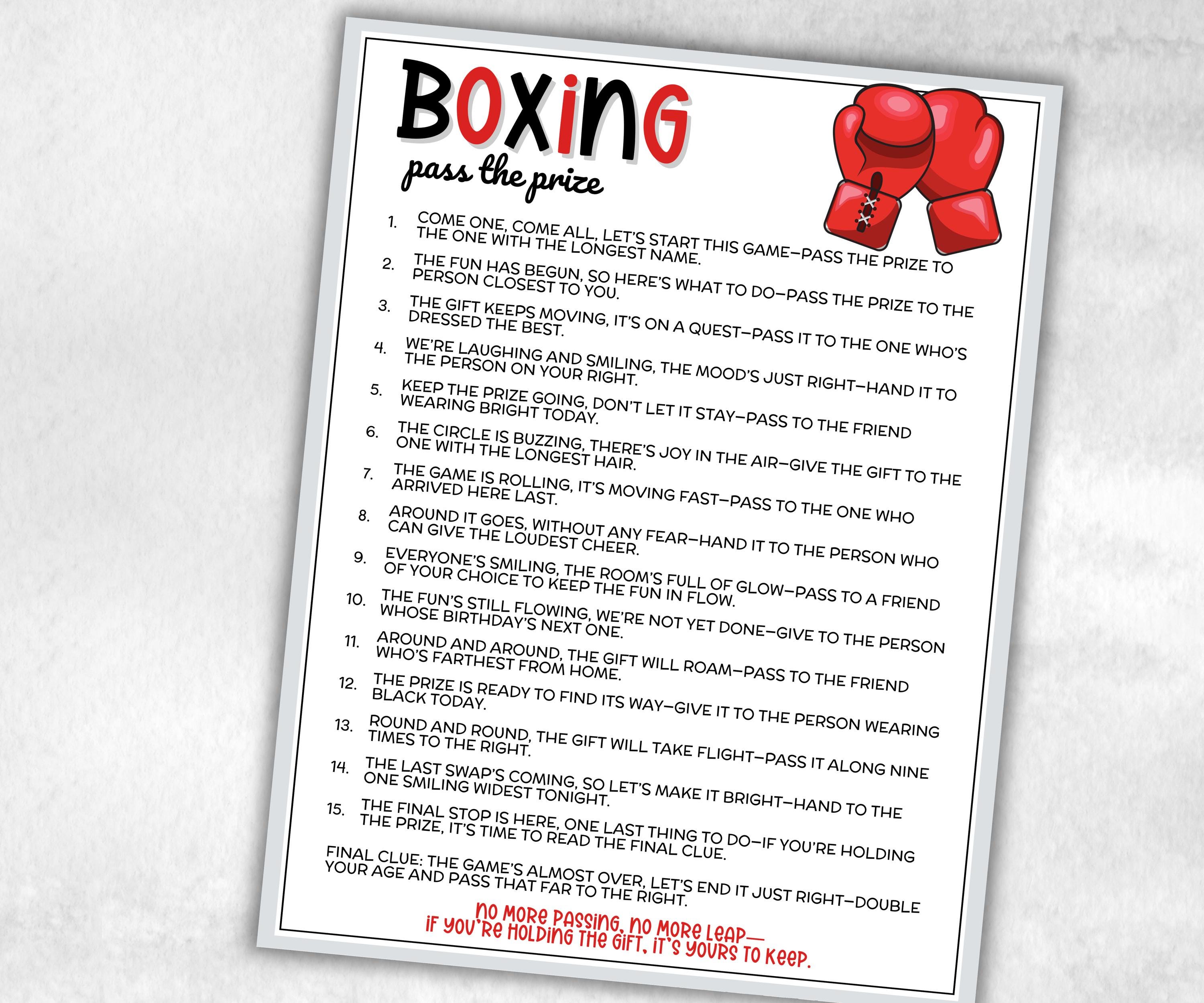 Boxing Pass The Prize, Left Right Olympics Match, Viewing Party, Boxers Meetup, Gym activity, interactive gift exchange, conversation game-Holidays -TheHustlingCatLady-Party Games
