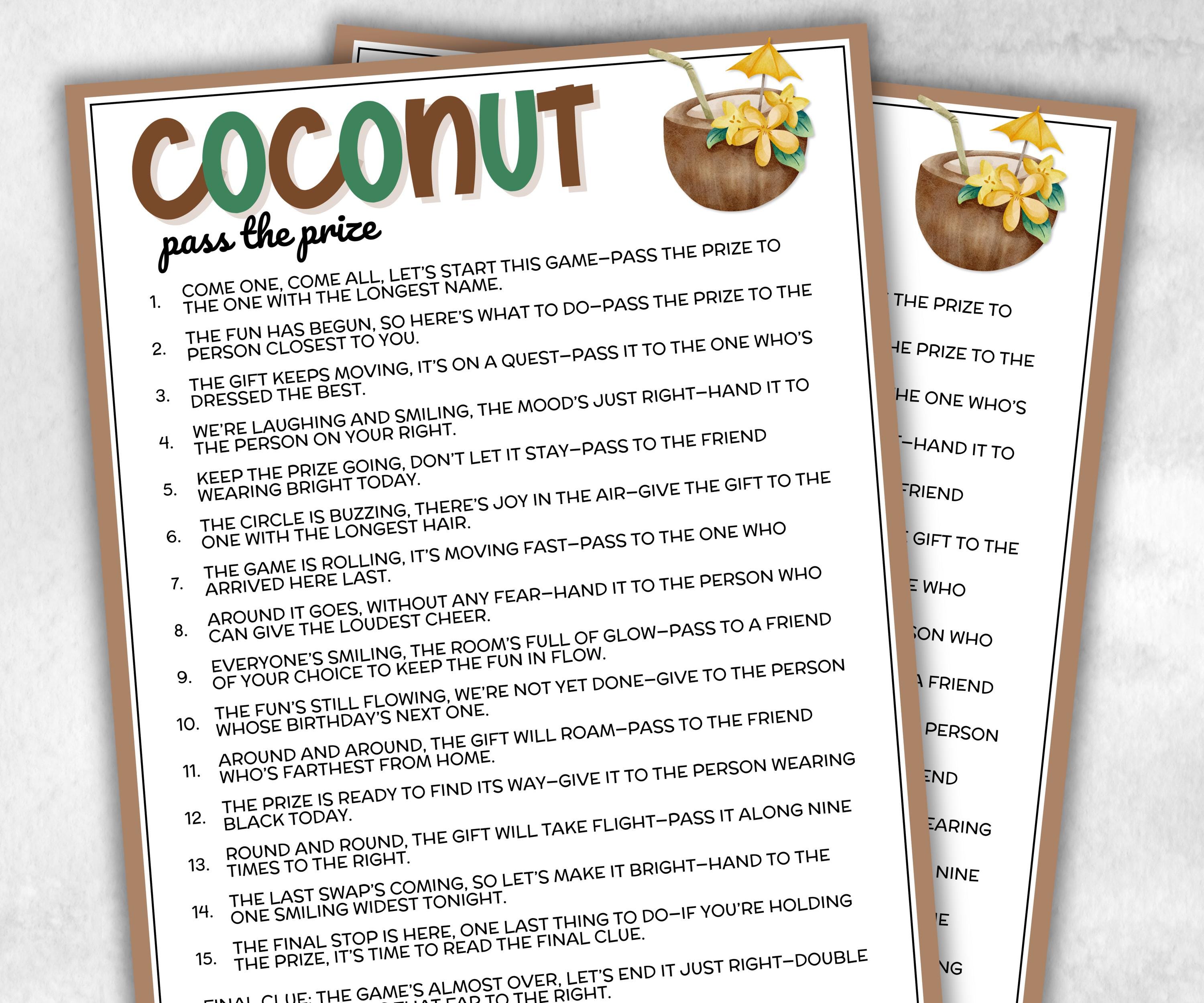 Coconut Pass the Prize Left Right Game, Luau Party Activity, Hawaiian Aloha Theme, Tropical Birthday, Beach Party, interactive gift exchange-Holidays -TheHustlingCatLady-Party Games