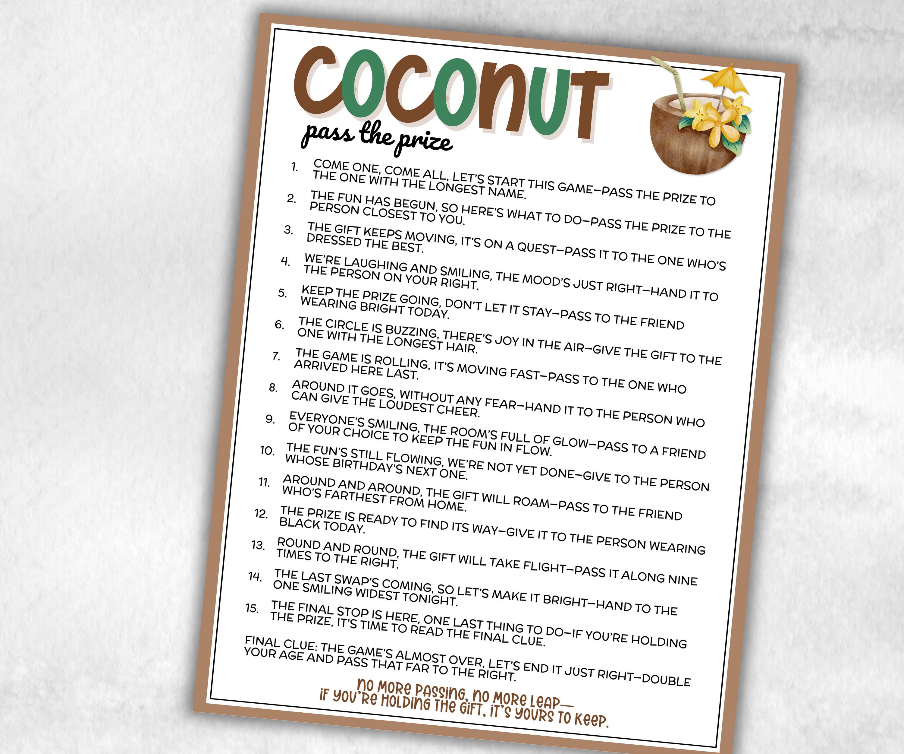 Coconut Pass the Prize Left Right Game, Luau Party Activity, Hawaiian Aloha Theme, Tropical Birthday, Beach Party, interactive gift exchange-Holidays -TheHustlingCatLady-Party Games