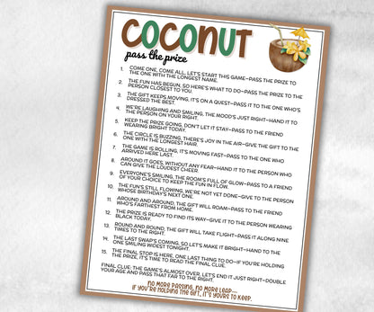Coconut Pass the Prize Left Right Game, Luau Party Activity, Hawaiian Aloha Theme, Tropical Birthday, Beach Party, interactive gift exchange-Holidays -TheHustlingCatLady-Party Games