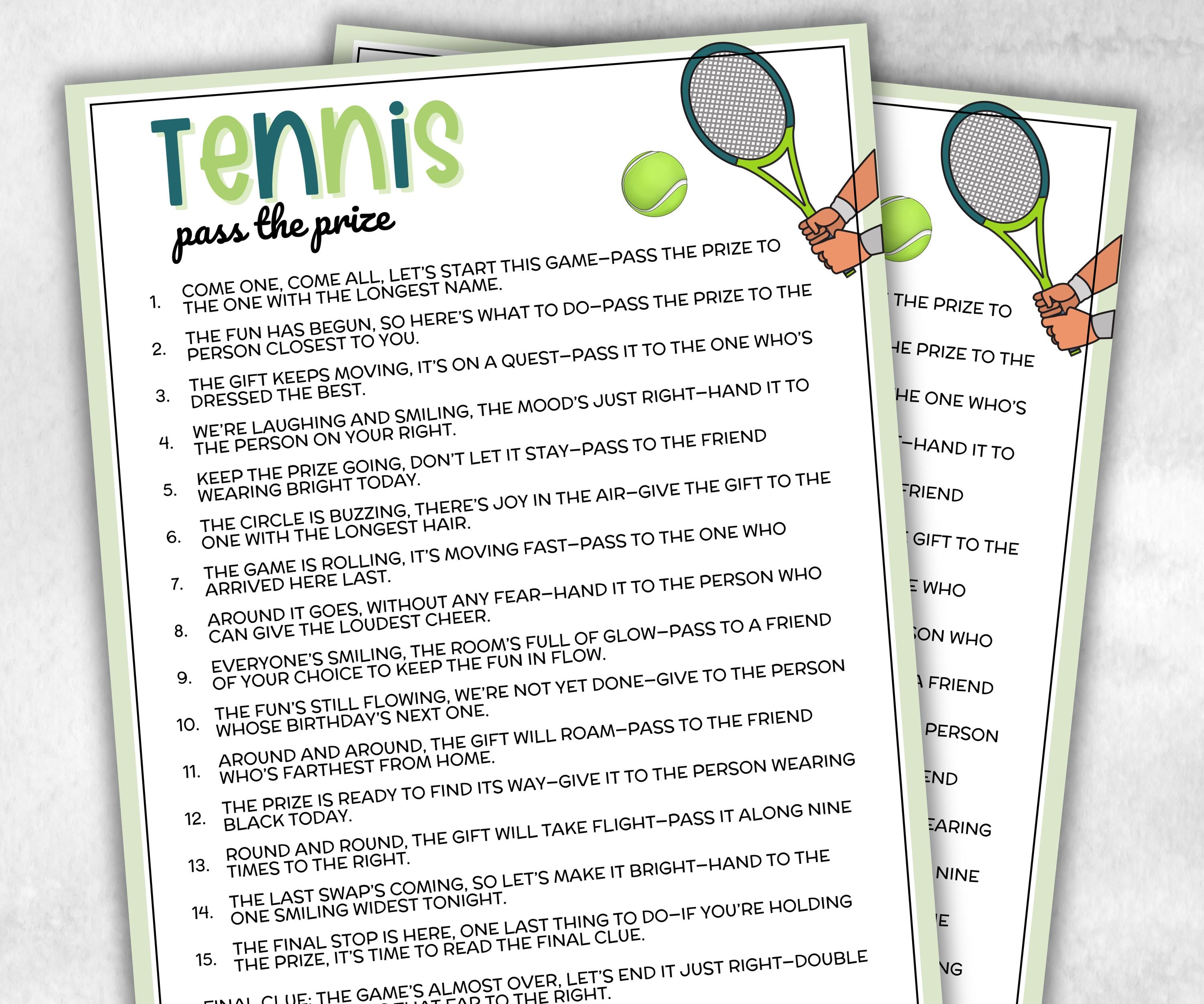 Tennis Pass The Prize, Indoor Outdoor, Grand Slam, Sports Athletic, interactive fun gift exchange, mingle conversation game, camp club mix-Holidays -TheHustlingCatLady-Party Games