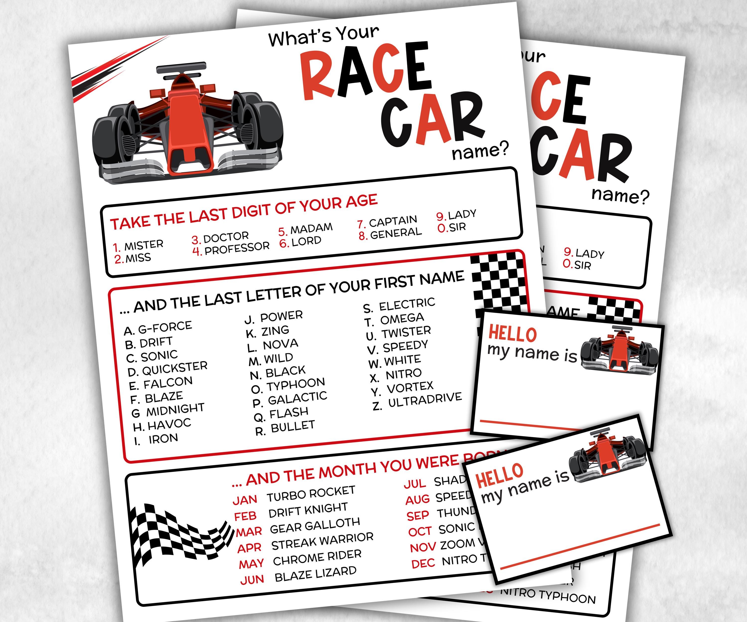 What is your Race car name printable game, office party, daycare, Name board sign, party decoration, Name tag, birthday nickname, summer-Holidays -TheHustlingCatLady-Stickers, Labels & Tags