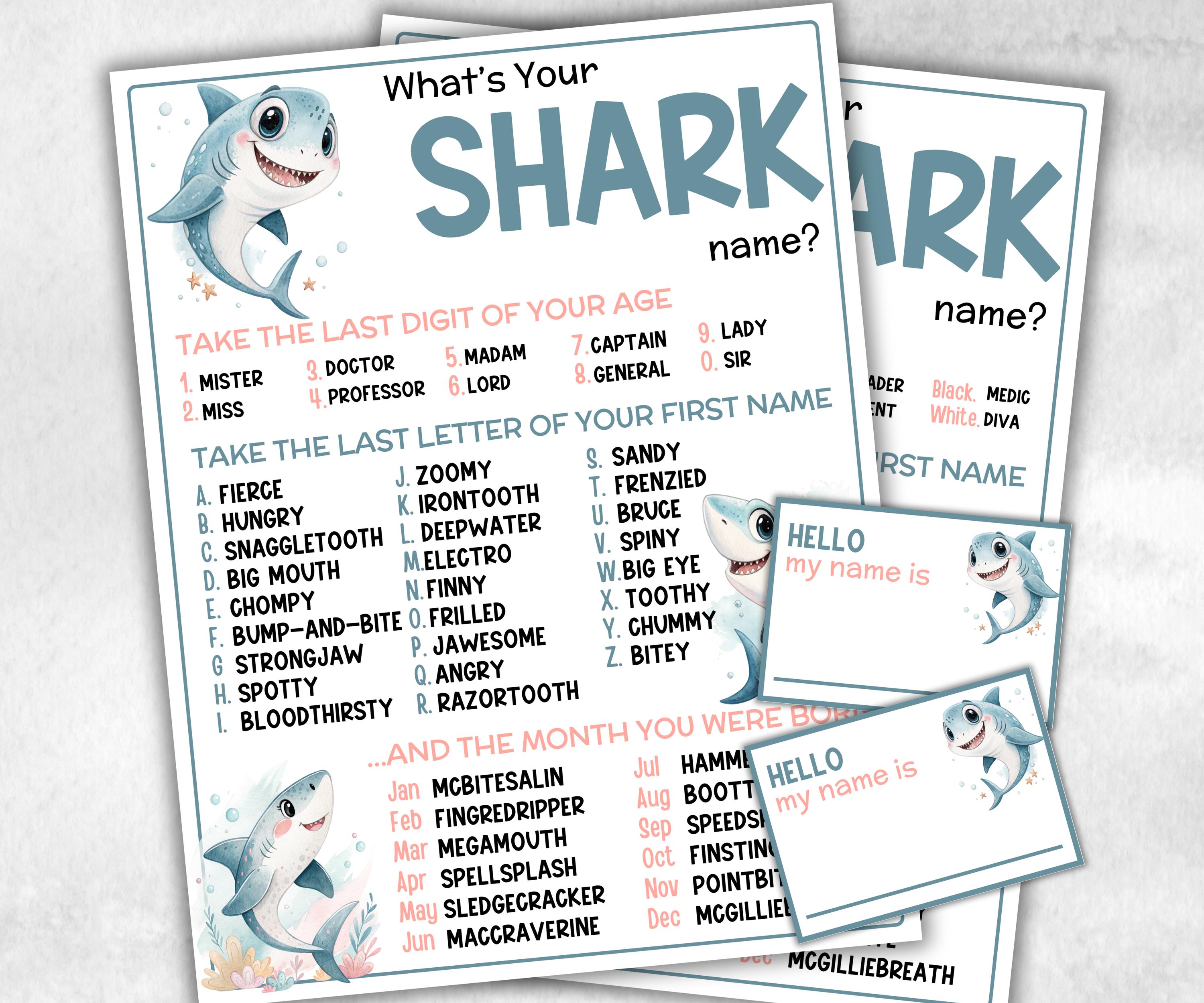 What is your Shark name printable game, office party, daycare, Name board sign, party decoration, Name tag, birthday nickname, summer game-Holidays -TheHustlingCatLady-Party Games