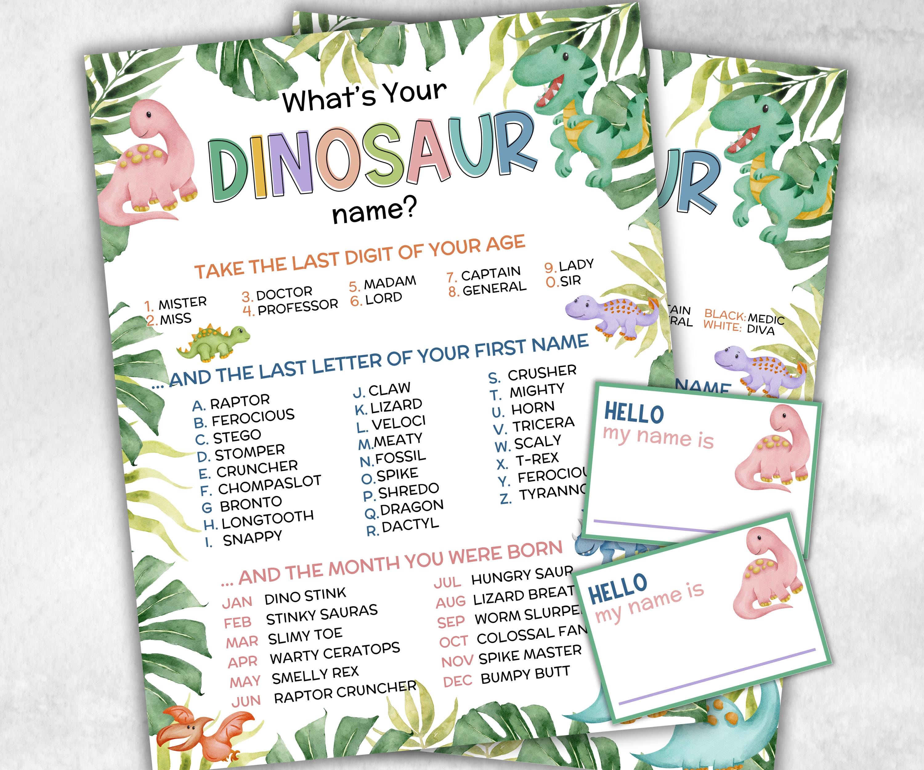 What is your Dinosaur name printable game, office party, daycare, Name board sign, party decoration, Name tag, birthday nickname, summer fun-Holidays -TheHustlingCatLady-Stickers, Labels & Tags