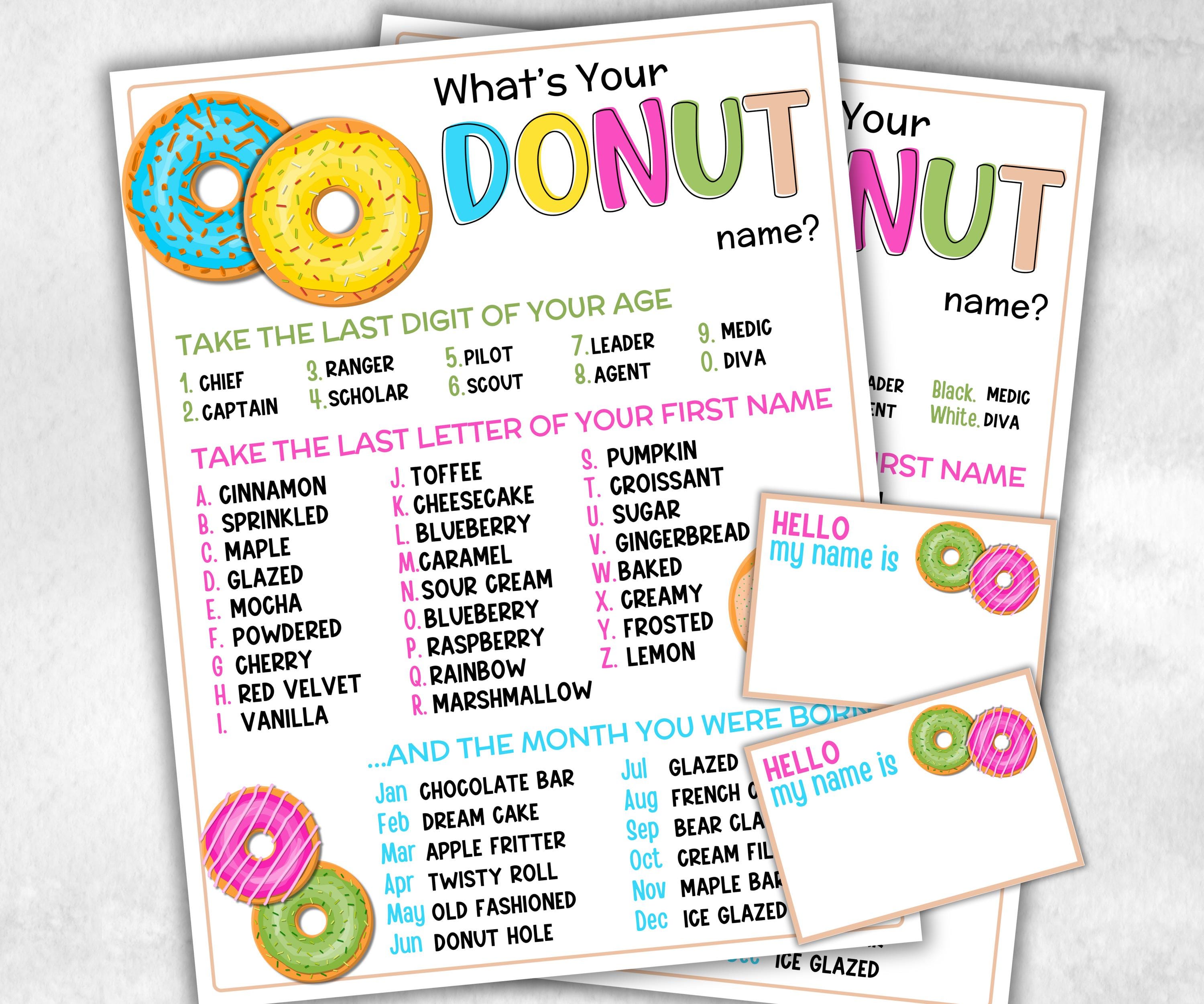 What is your Donut name printable game, office party, daycare, Name board sign, party decoration, Name tag, birthday nickname, summer game-Holidays -TheHustlingCatLady-Stickers, Labels & Tags