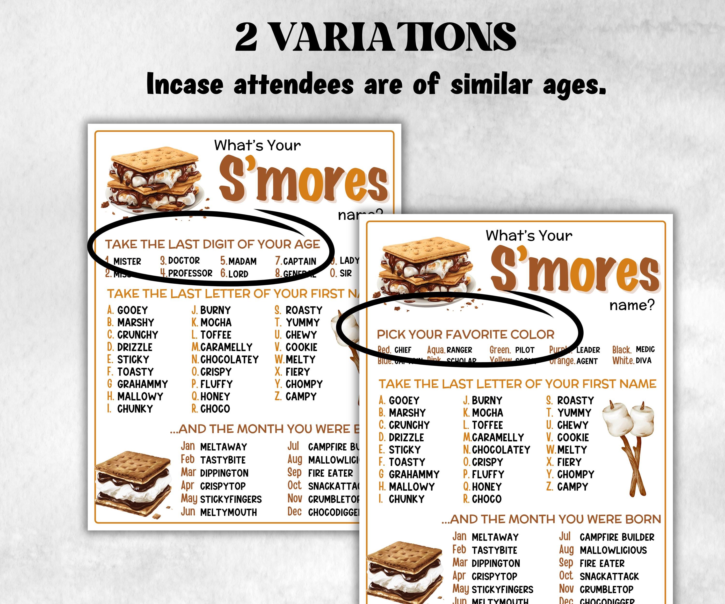 What is your S'mores name printable game, office party, daycare, Name board sign, party decoration, Name tag, birthday nickname, summer game-Holidays -TheHustlingCatLady-Stickers, Labels & Tags