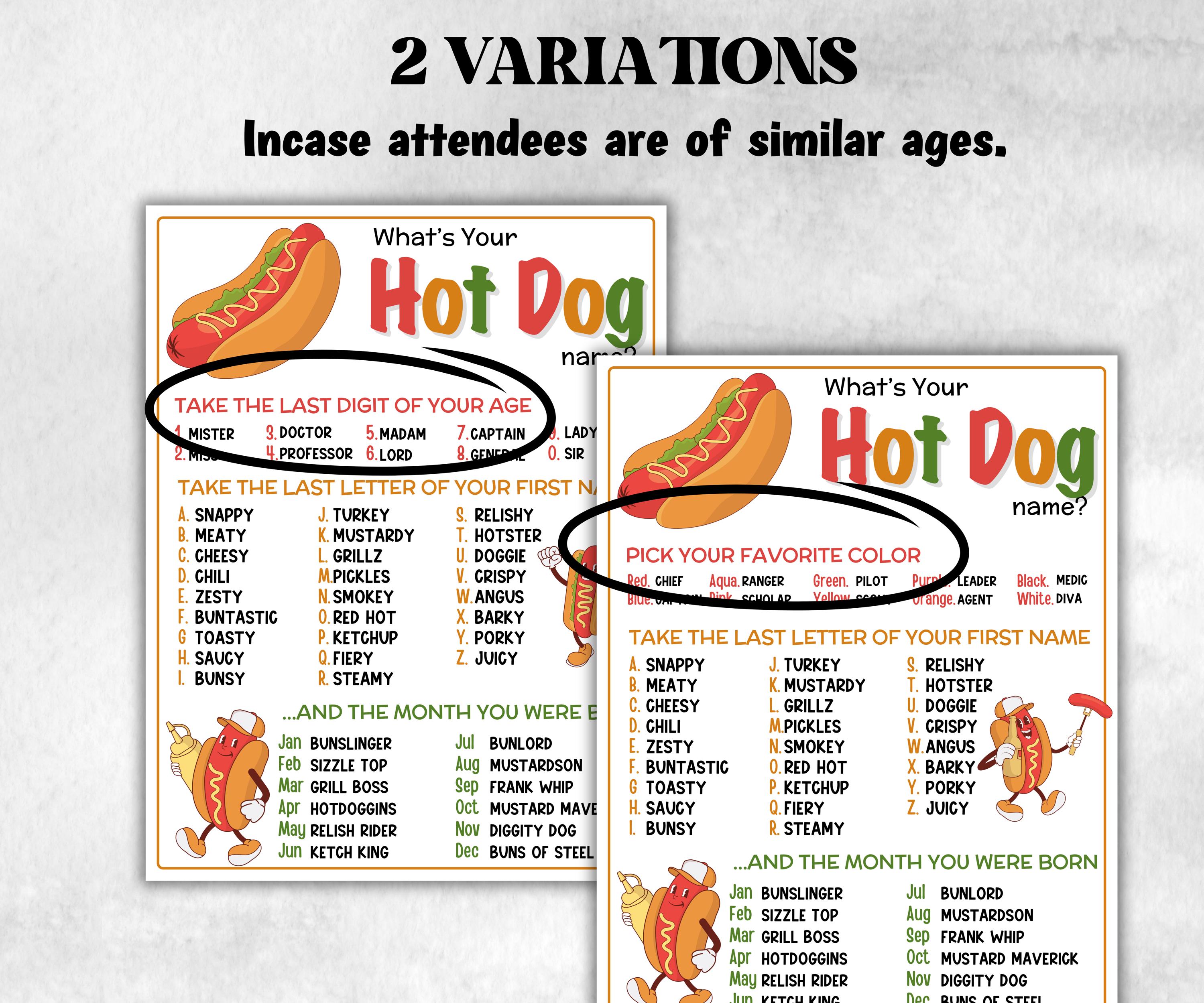 What is your Hot dog name printable game, office party, daycare, Name board sign, party decoration, Name tag, birthday nickname, summer fun-Holidays -TheHustlingCatLady-Stickers, Labels & Tags
