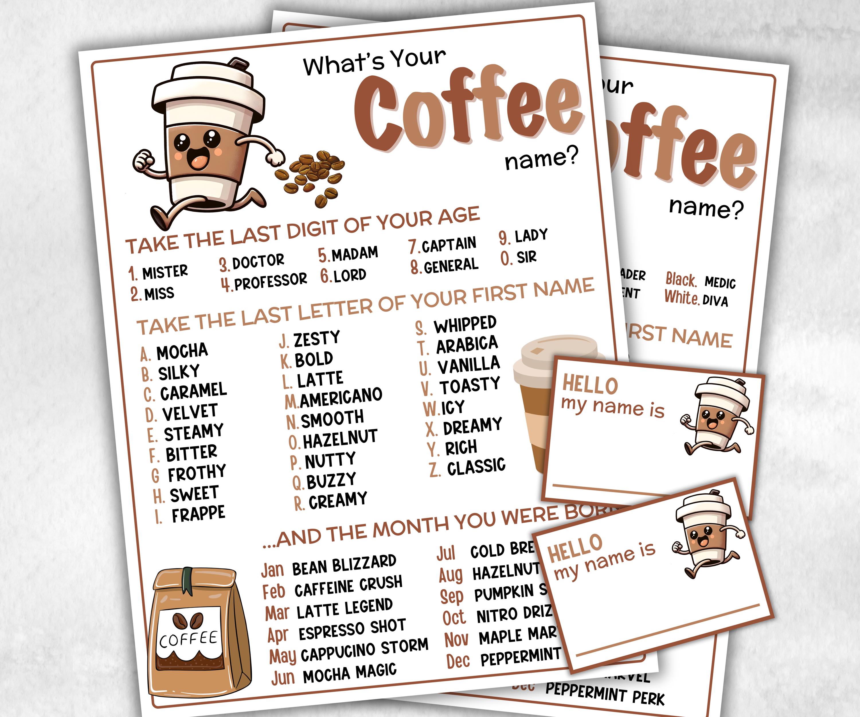 What is your Coffee name printable game, office party, daycare, Name board sign, party decoration, Name tag, birthday nickname, summer fun-Holidays -TheHustlingCatLady-Stickers, Labels & Tags
