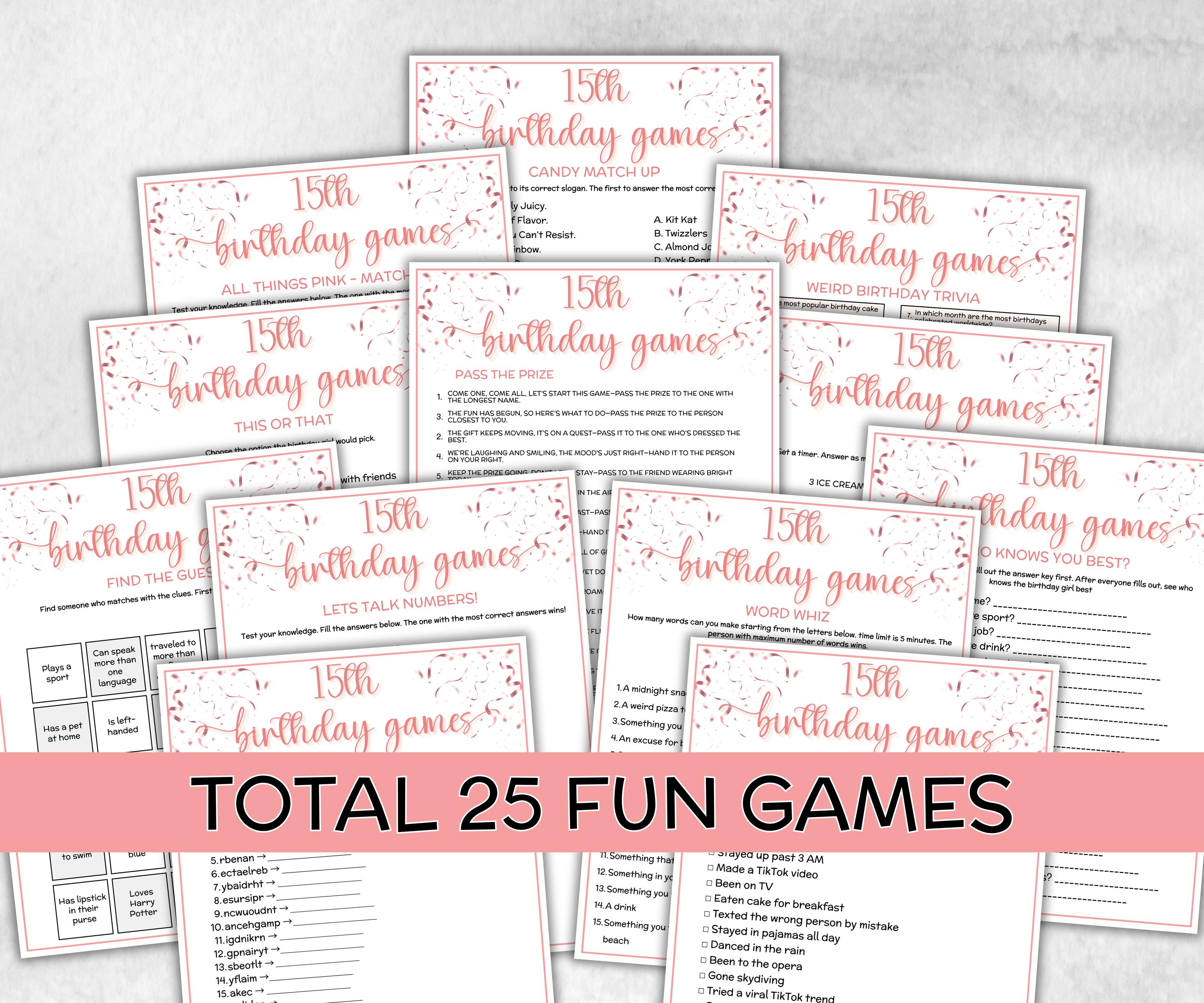15th Birthday Game Bundle, Pink Fifteenth Birthday, 15th Birthday Party, Born in 2009, large group Game Bundle, Printable Teen group game-Holidays -TheHustlingCatLady-Party Games