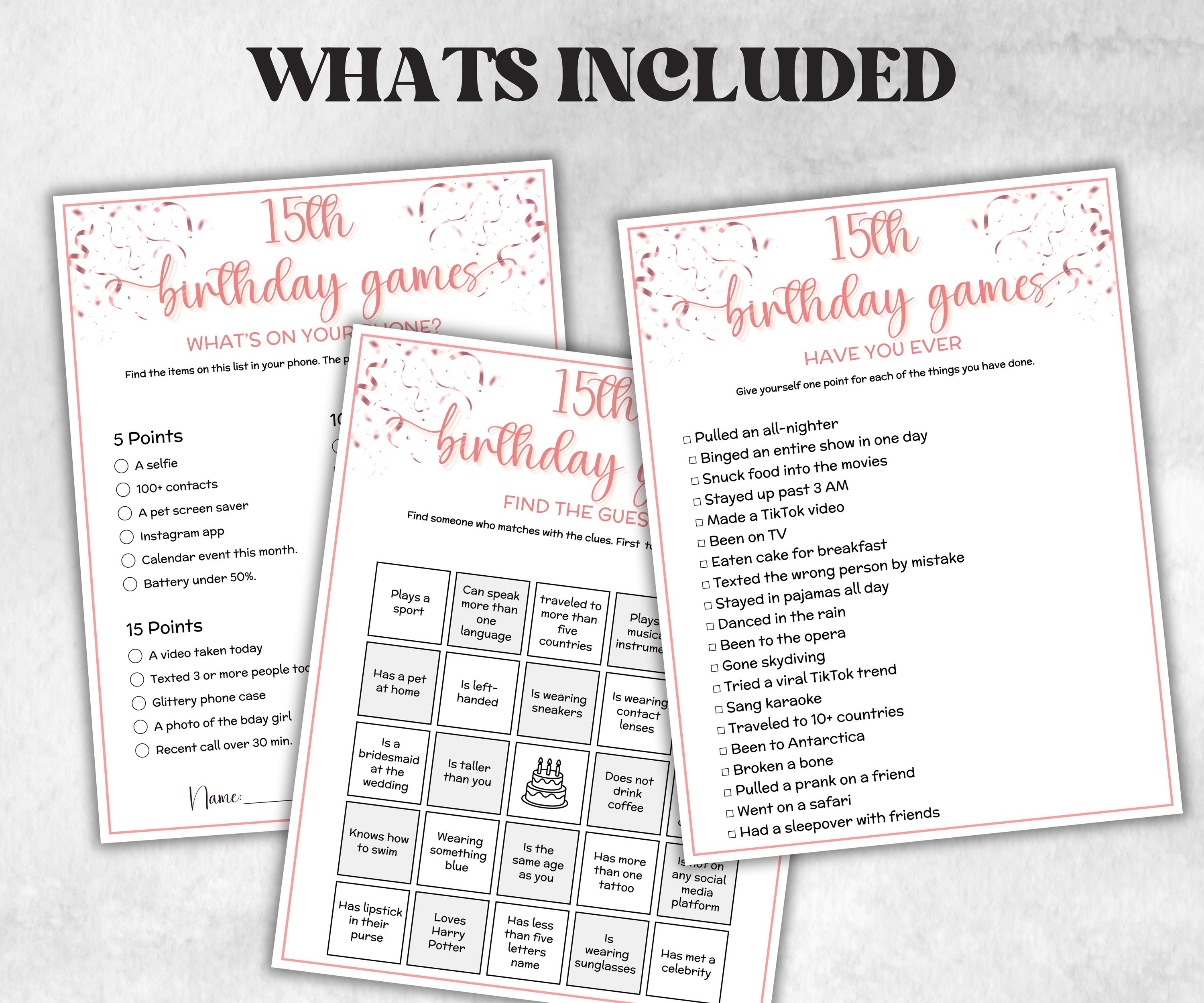 15th Birthday Game Bundle, Pink Fifteenth Birthday, 15th Birthday Party, Born in 2009, large group Game Bundle, Printable Teen group game-Holidays -TheHustlingCatLady-Party Games