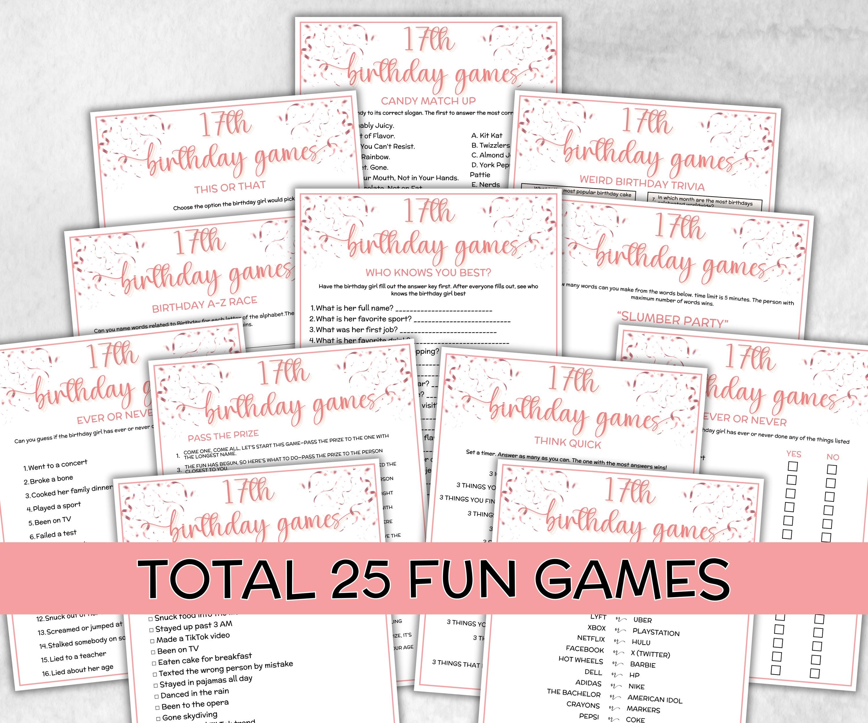 17th Birthday Game Bundle, Pink Seventeenth Birthday, 17th Birthday Party, Born in 2008, large group Game Bundle, Printable Teen group game-Holidays -TheHustlingCatLady-Party Games