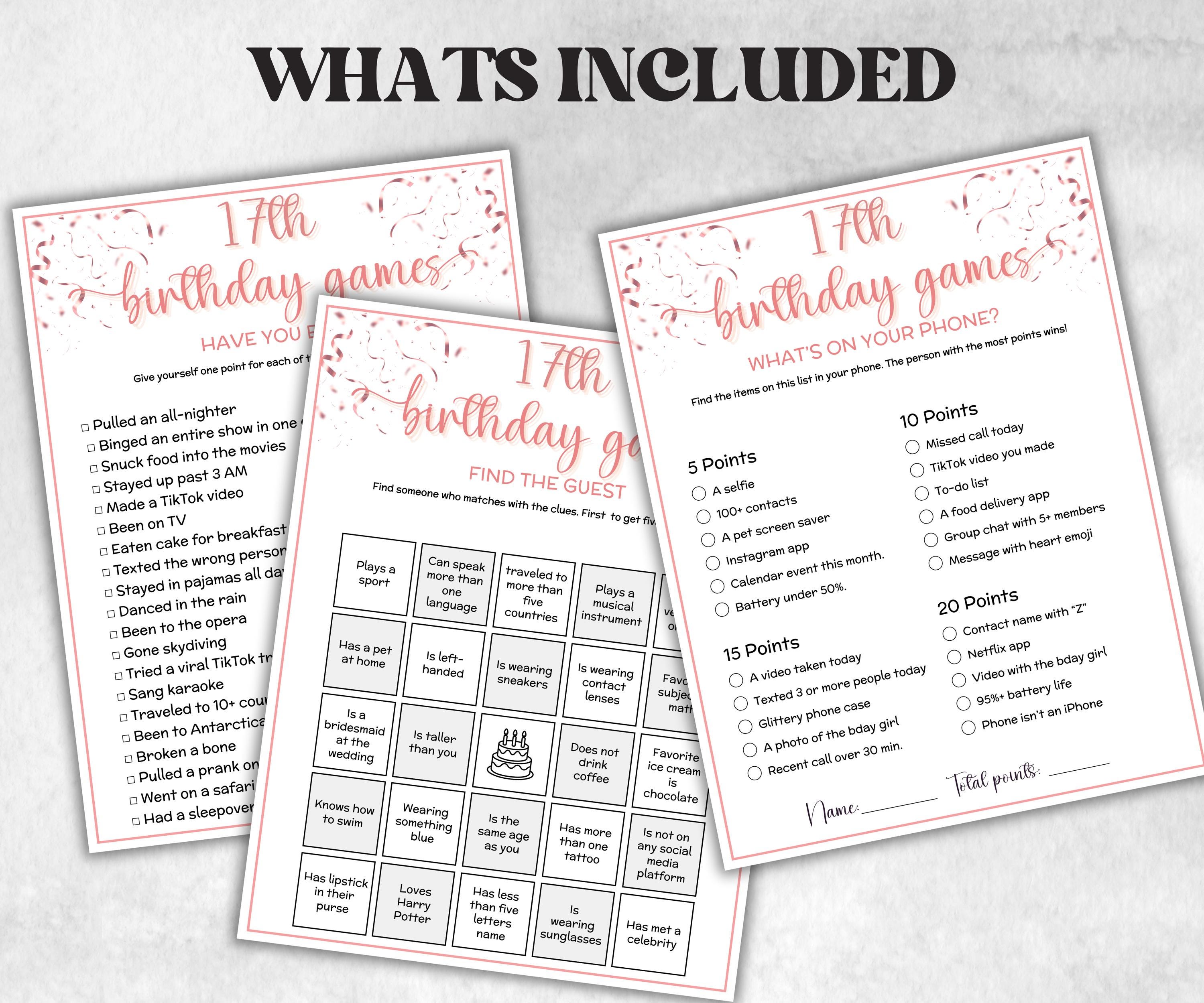 17th Birthday Game Bundle, Pink Seventeenth Birthday, 17th Birthday Party, Born in 2008, large group Game Bundle, Printable Teen group game-Holidays -TheHustlingCatLady-Party Games