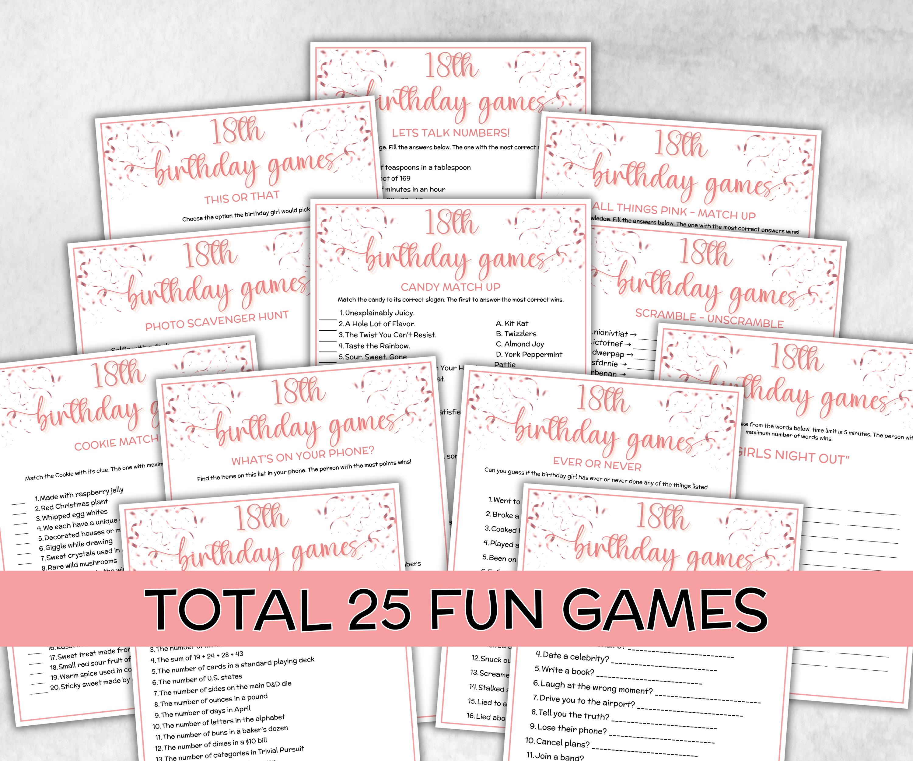 18th Birthday Game Bundle, Pink Seventeenth Birthday, 18th Birthday Party, Born in 2007, large group Game Bundle, Printable Teen group game-Holidays -TheHustlingCatLady-Party Games