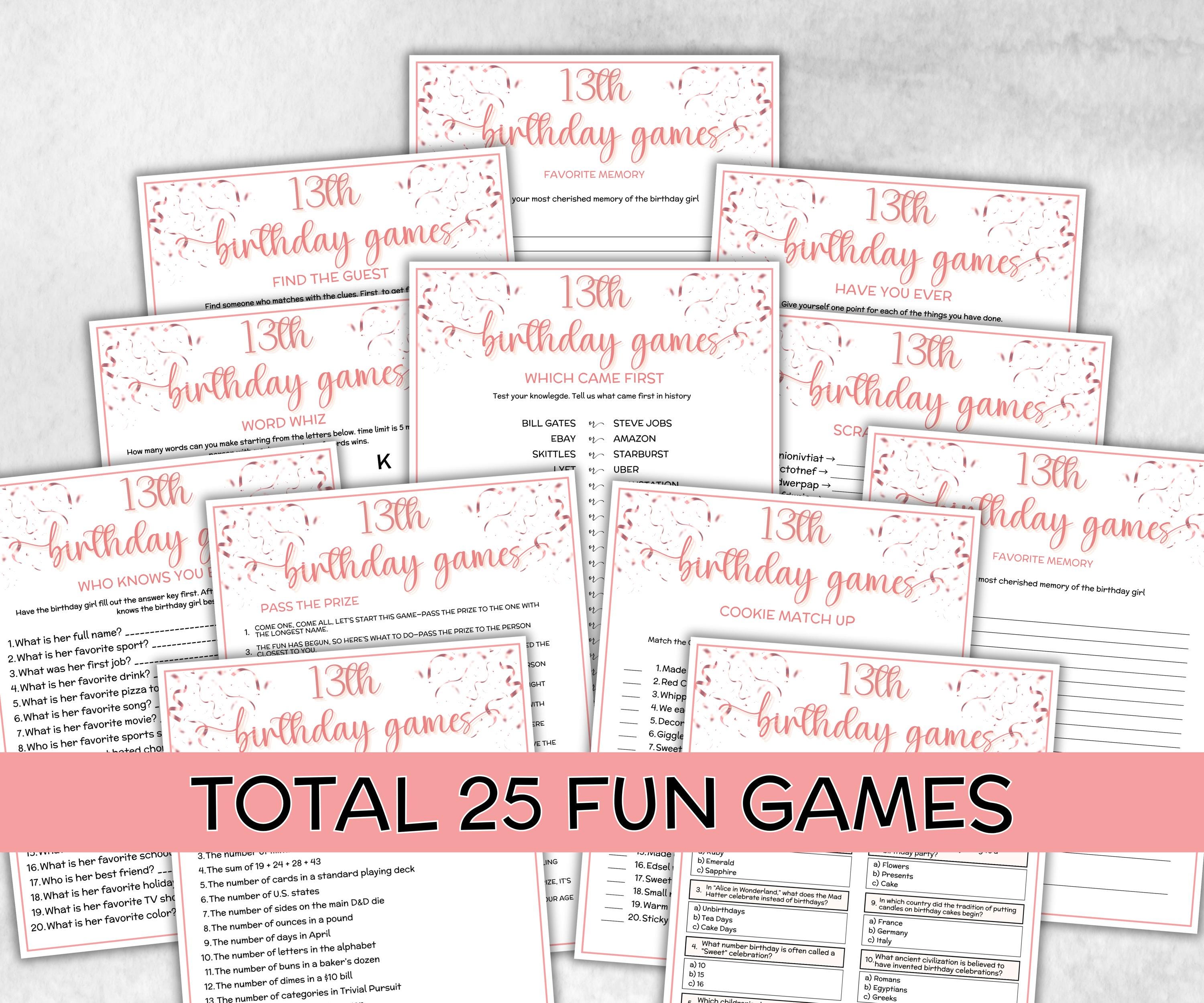 13th Birthday Game Bundle, Pink Thirteenth Birthday, 13th Birthday Party, Born in 2012, large group Game Bundle, Printable Teen group game-Holidays -TheHustlingCatLady-Party Games