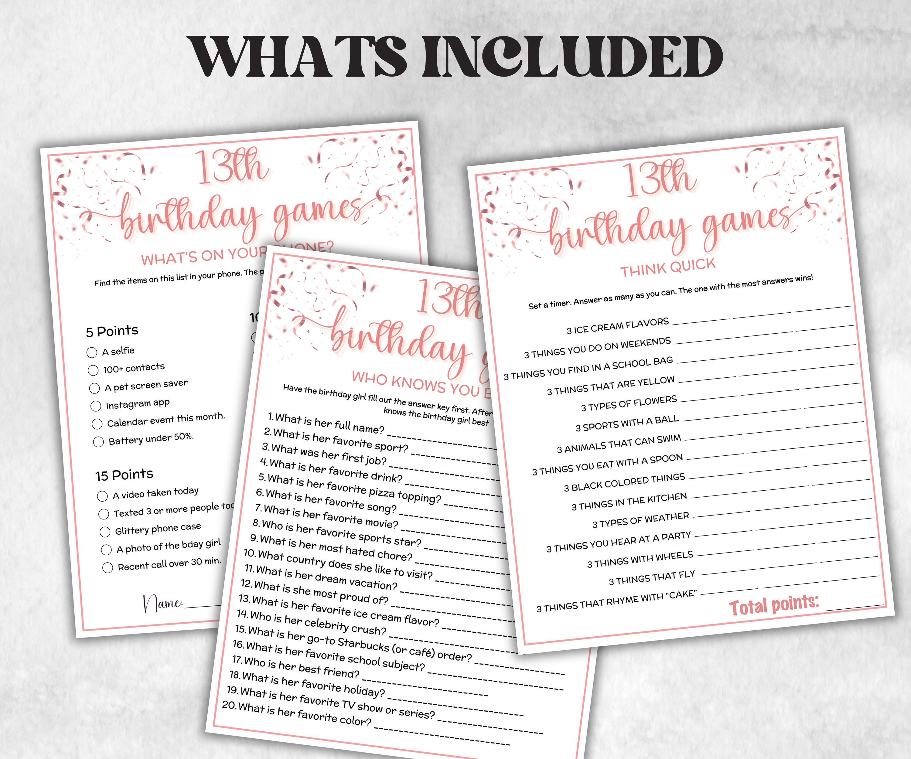 13th Birthday Game Bundle, Pink Thirteenth Birthday, 13th Birthday Party, Born in 2012, large group Game Bundle, Printable Teen group game-Holidays -TheHustlingCatLady-Party Games