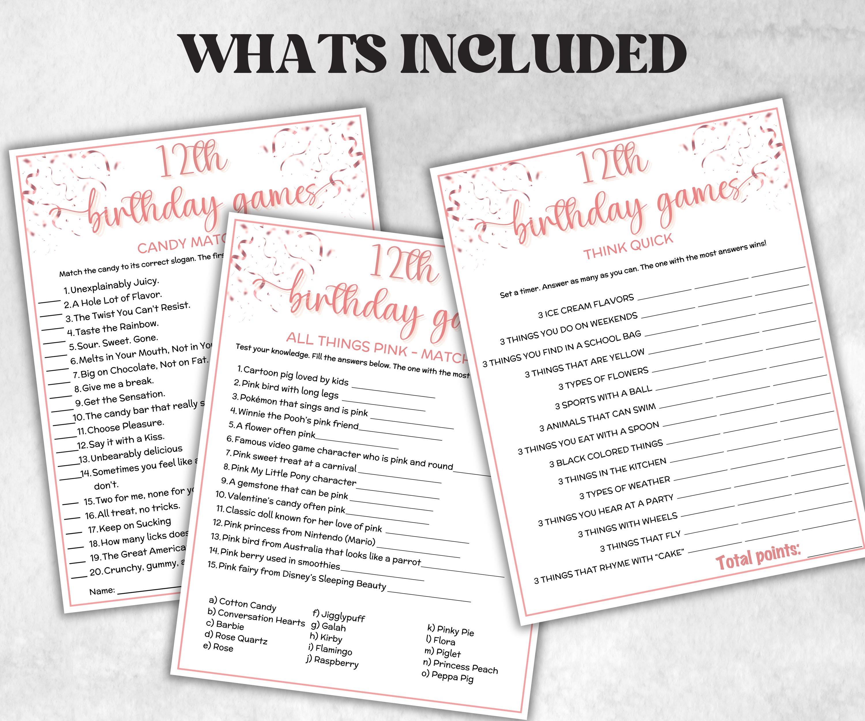 12th Birthday Game Bundle, Pink twelfth Birthday, 12th Birthday Party, Born in 2013, large group Game Bundle, Printable Teen group game-Holidays -TheHustlingCatLady-Party Games