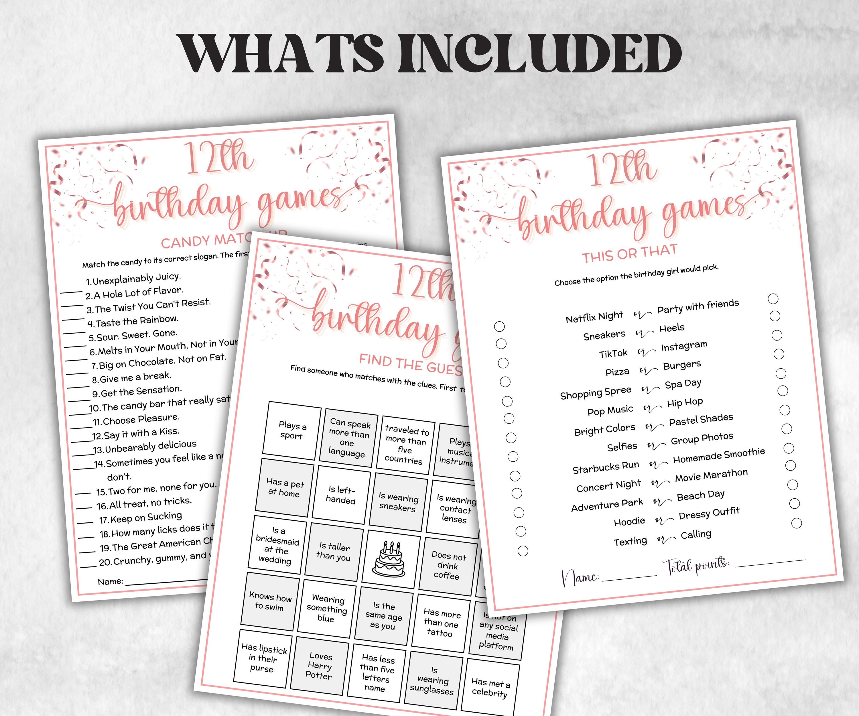 12th Birthday Game Bundle, Pink twelfth Birthday, 12th Birthday Party, Born in 2013, large group Game Bundle, Printable Teen group game-Holidays -TheHustlingCatLady-Party Games