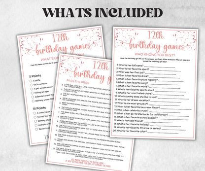 12th Birthday Game Bundle, Pink twelfth Birthday, 12th Birthday Party, Born in 2013, large group Game Bundle, Printable Teen group game-Holidays -TheHustlingCatLady-Party Games