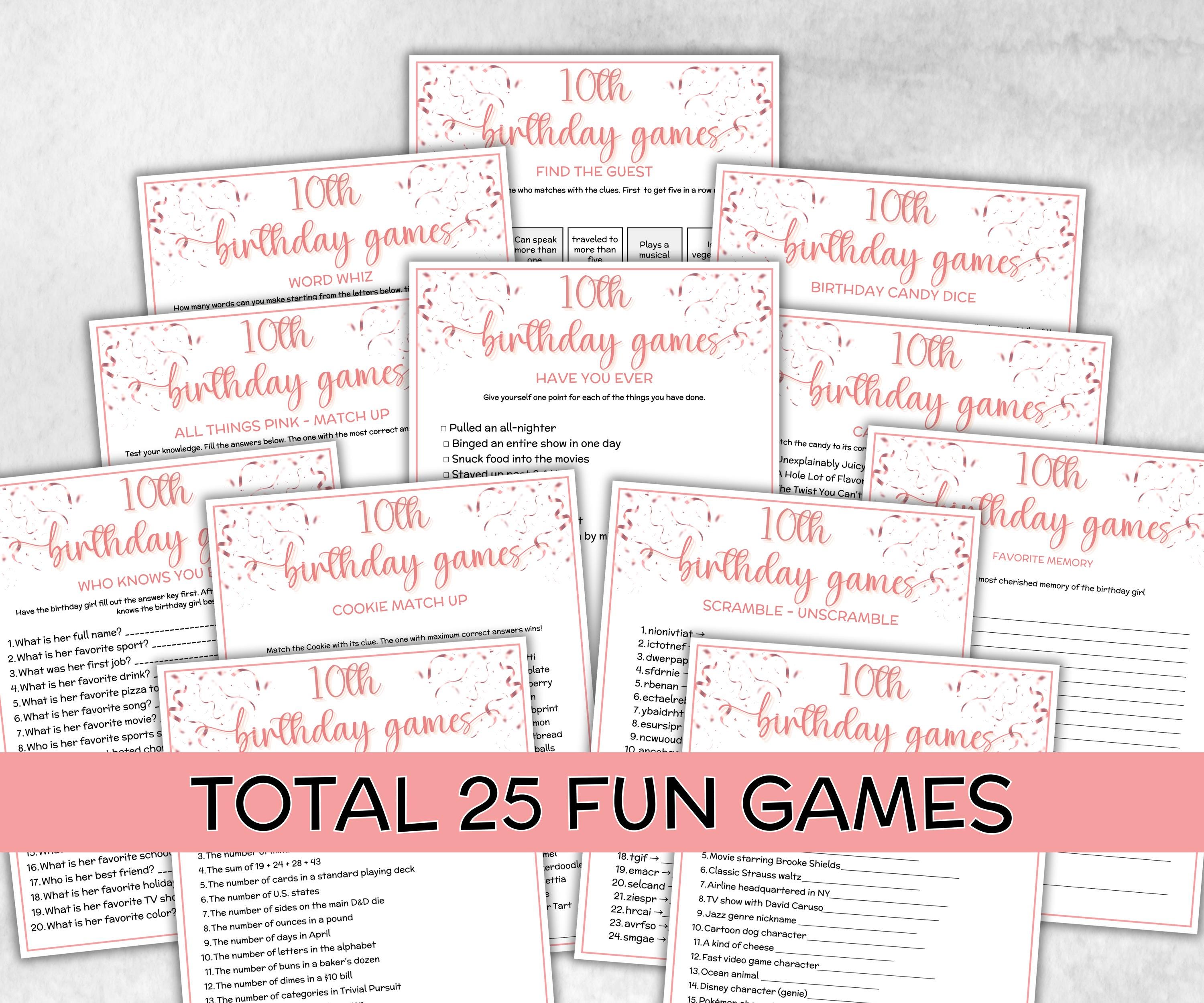 10th Birthday Game Bundle, Pink Tenth Birthday, 10th Birthday Party, Born in 2015, large group Game Bundle, Printable Teen group game-Holidays -TheHustlingCatLady-Party Games