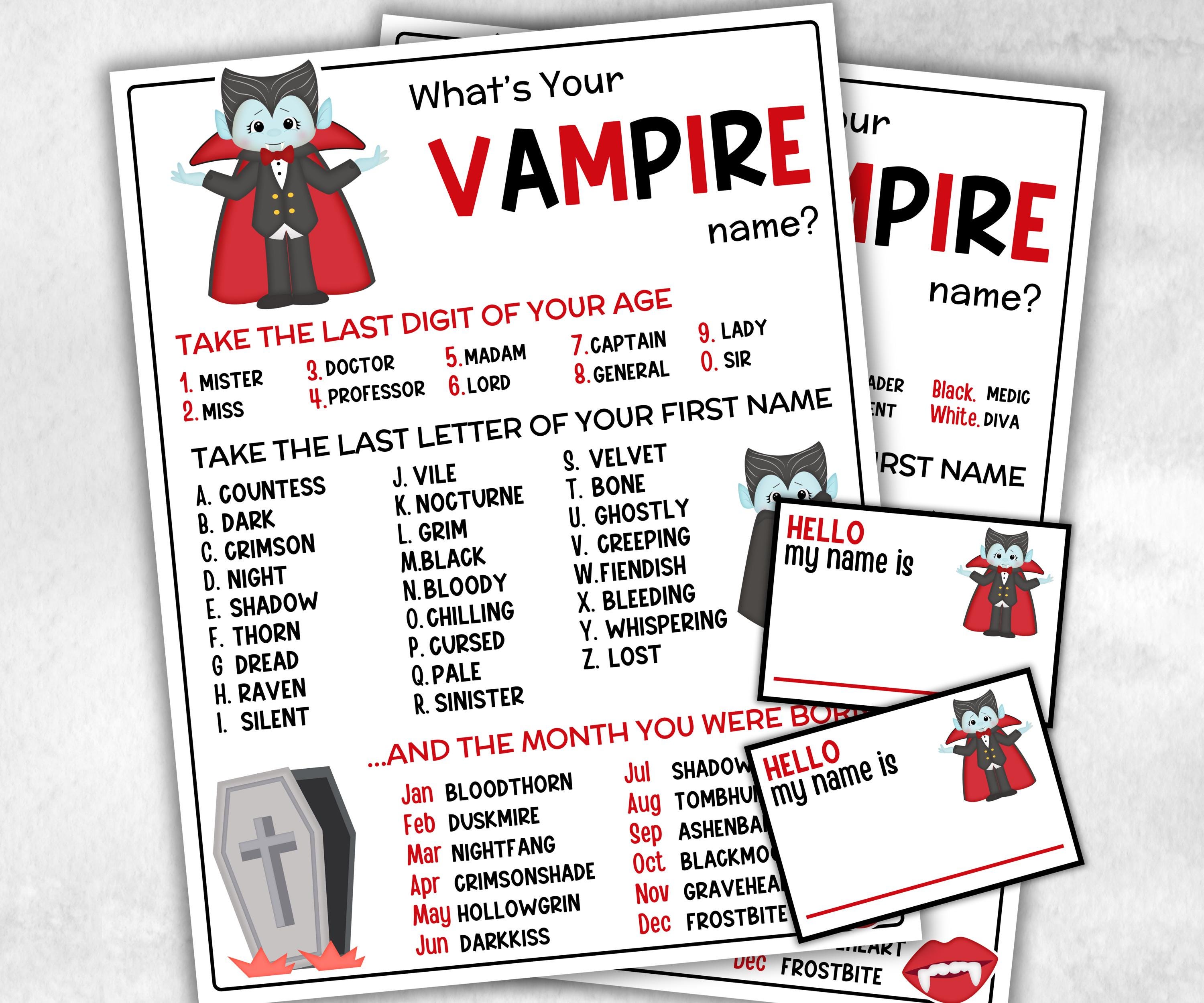 What is your Vampire name printable game, office party, daycare halloween, Name board sign, party decoration, Name tag, birthday nickname-Halloween Printables -TheHustlingCatLady-Party Games