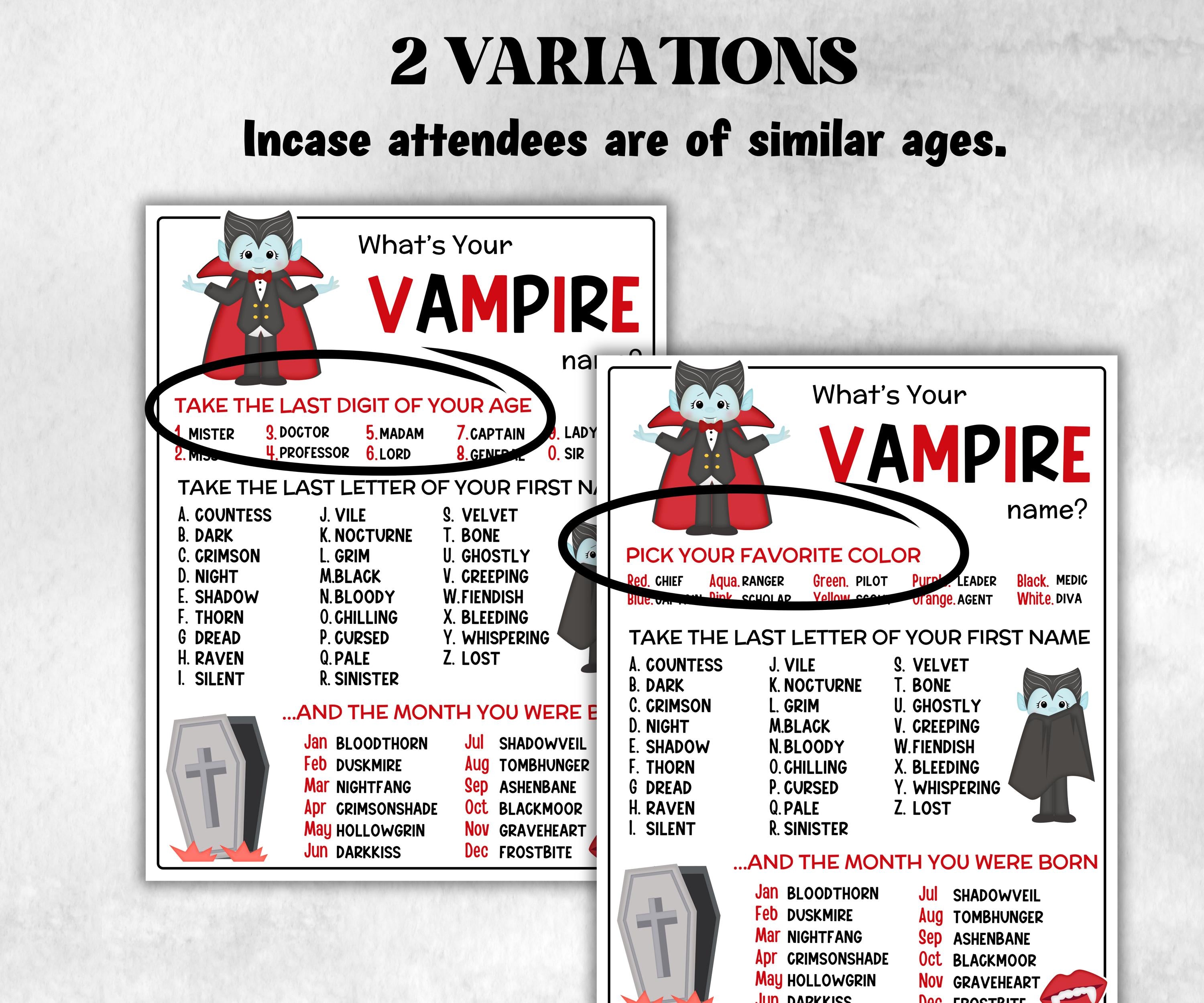 What is your Vampire name printable game, office party, daycare halloween, Name board sign, party decoration, Name tag, birthday nickname-Halloween Printables -TheHustlingCatLady-Party Games