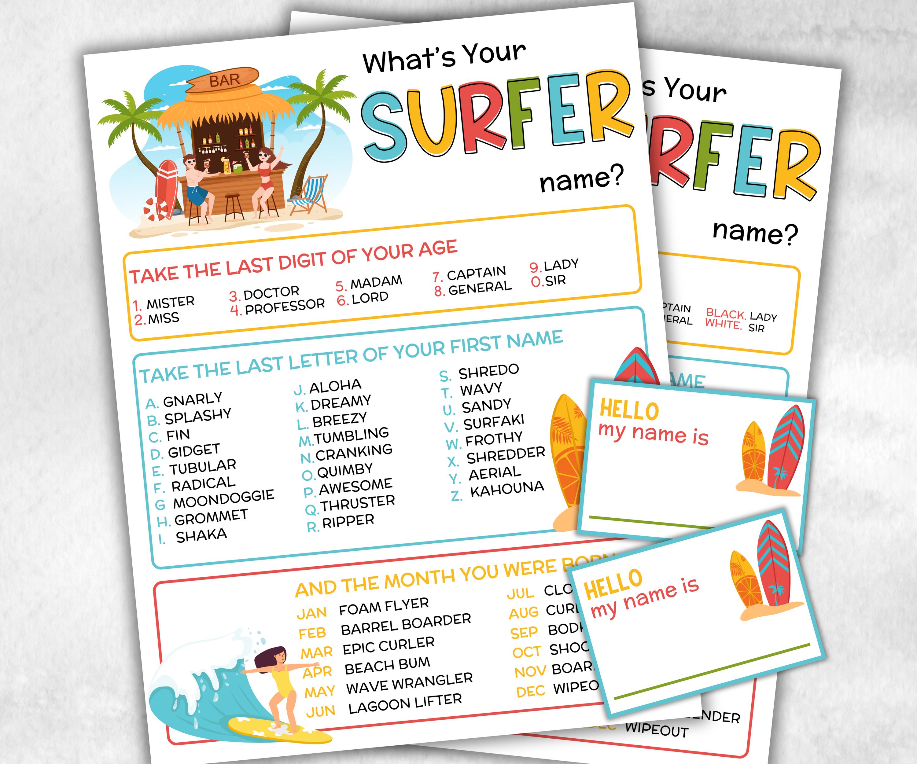 What is your Surfer name printable game, office party, daycare Name board sign, party decoration, Name tag, birthday nickname, summer beach-Holidays -TheHustlingCatLady-Party Games