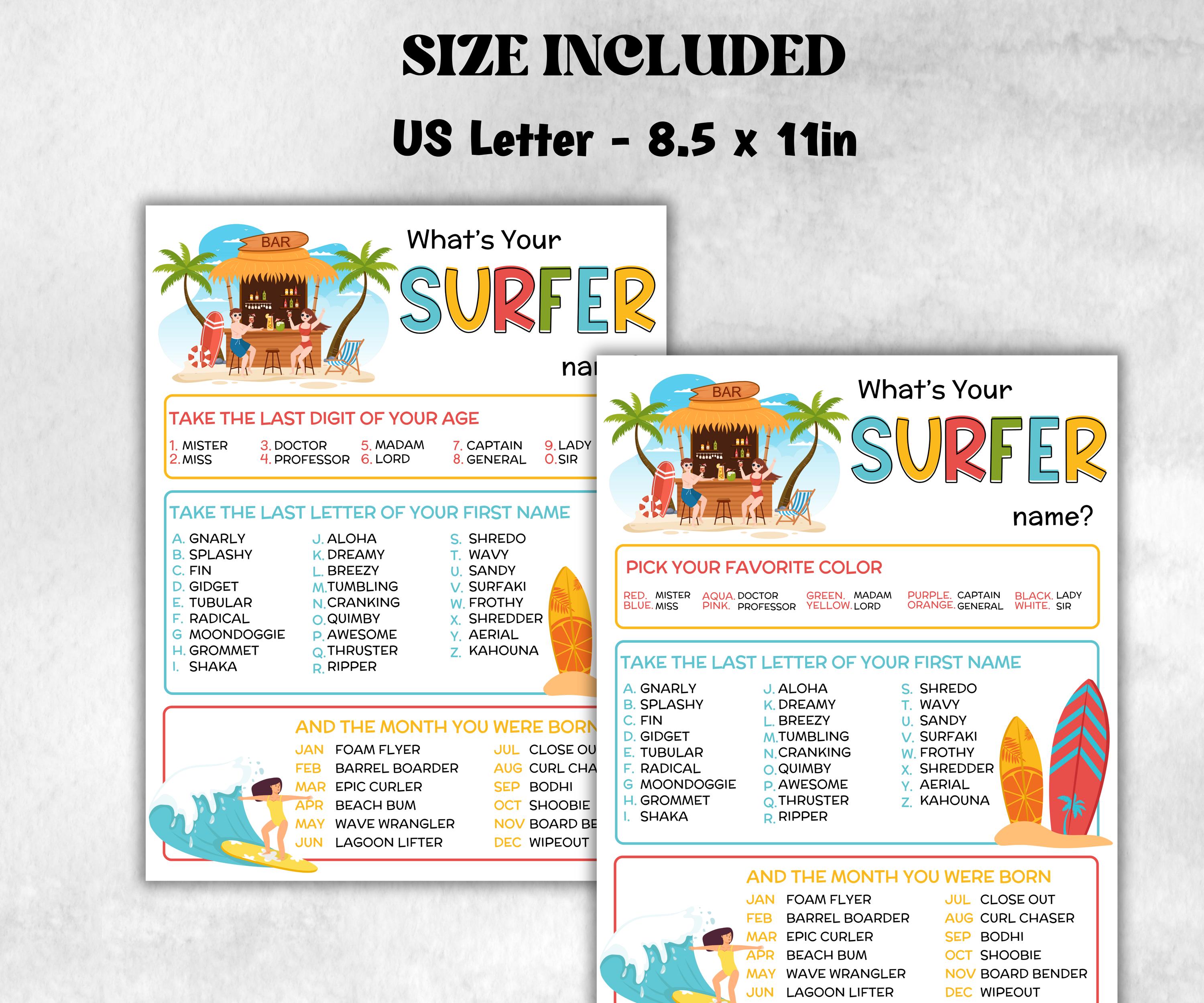 What is your Surfer name printable game, office party, daycare Name board sign, party decoration, Name tag, birthday nickname, summer beach-Holidays -TheHustlingCatLady-Party Games