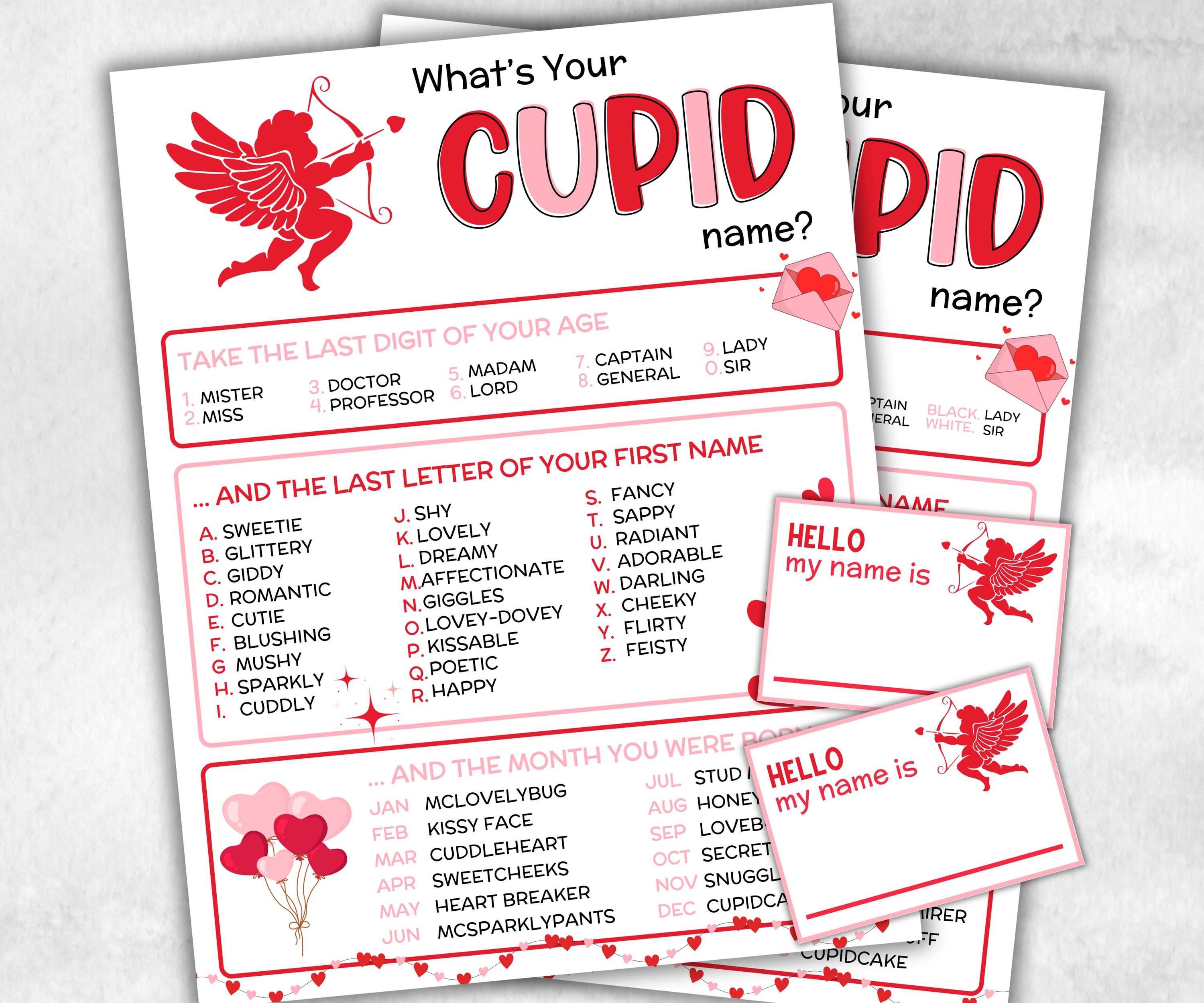 What is your Cupid name printable game, office party, daycare Name board sign, party decoration, Name tag, birthday nickname, Valentine game-Valentine&#39;s Day -TheHustlingCatLady-Party Games