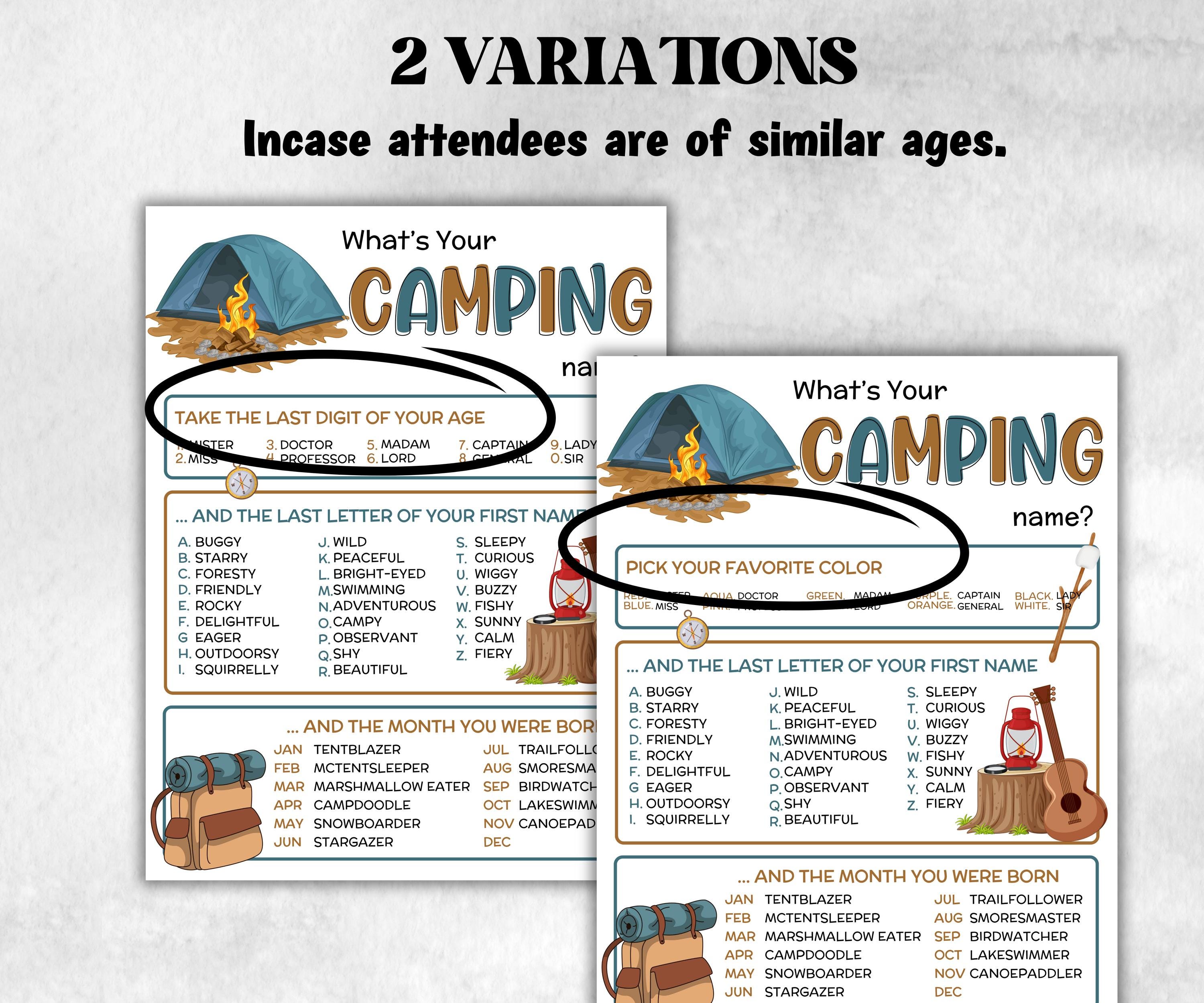 What is your Camping name printable game, office party, daycare Name board sign, party decoration, Name tag, birthday nickname, summer camp-Holidays -TheHustlingCatLady-Party Games