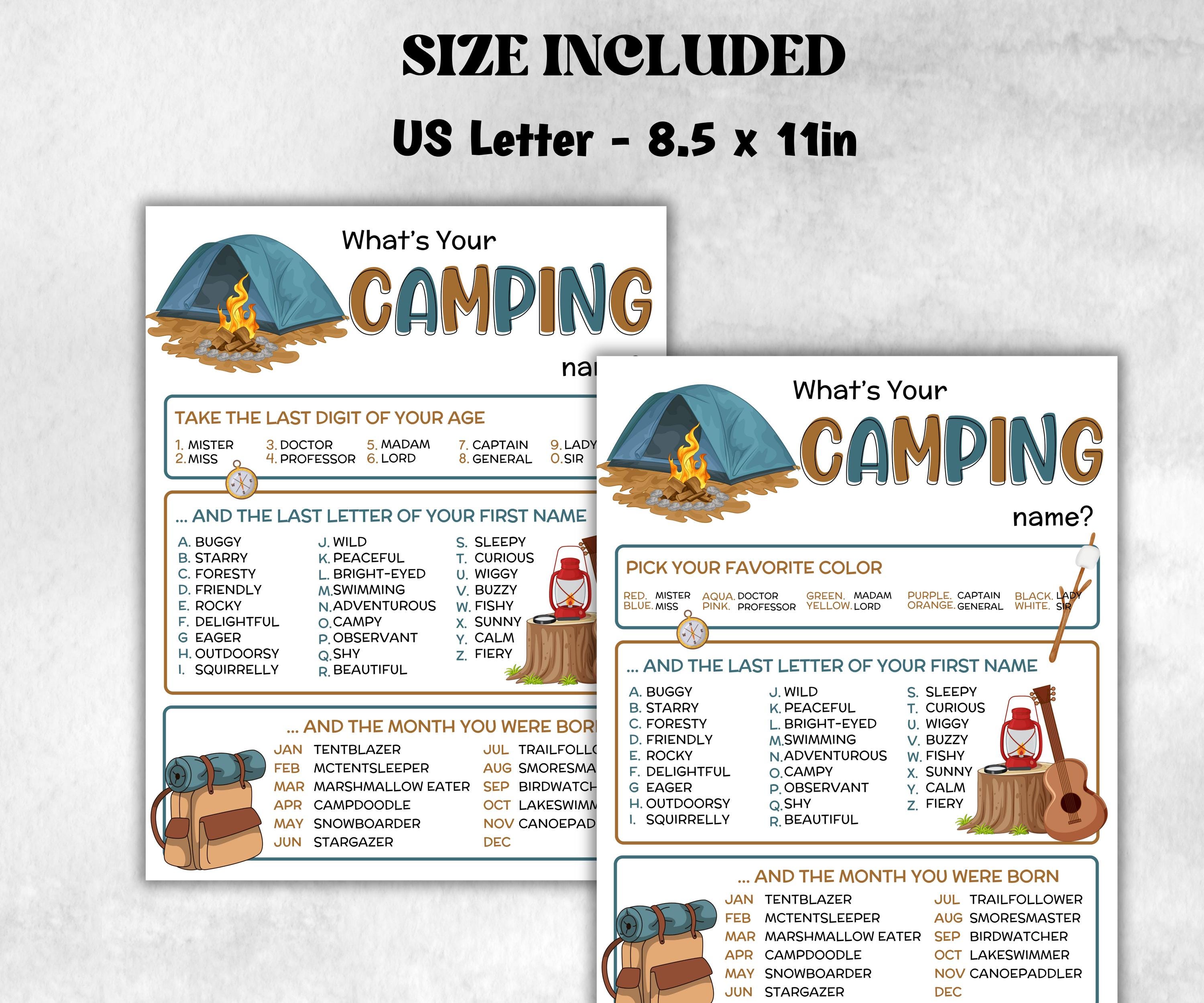 What is your Camping name printable game, office party, daycare Name board sign, party decoration, Name tag, birthday nickname, summer camp-Holidays -TheHustlingCatLady-Party Games