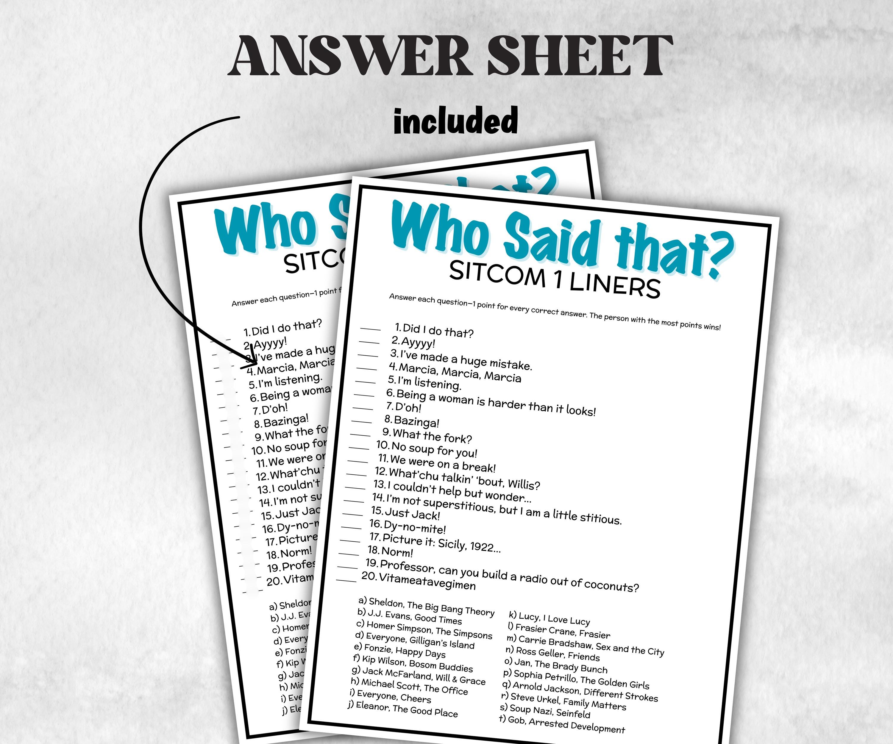 TV Sitcom Trivia Party Game, Television 1 liners Quiz, Pop Culture, Kids Teens Adult, Family Game Movie Night, Office Party, TV Show party-Holidays -TheHustlingCatLady-Party Games