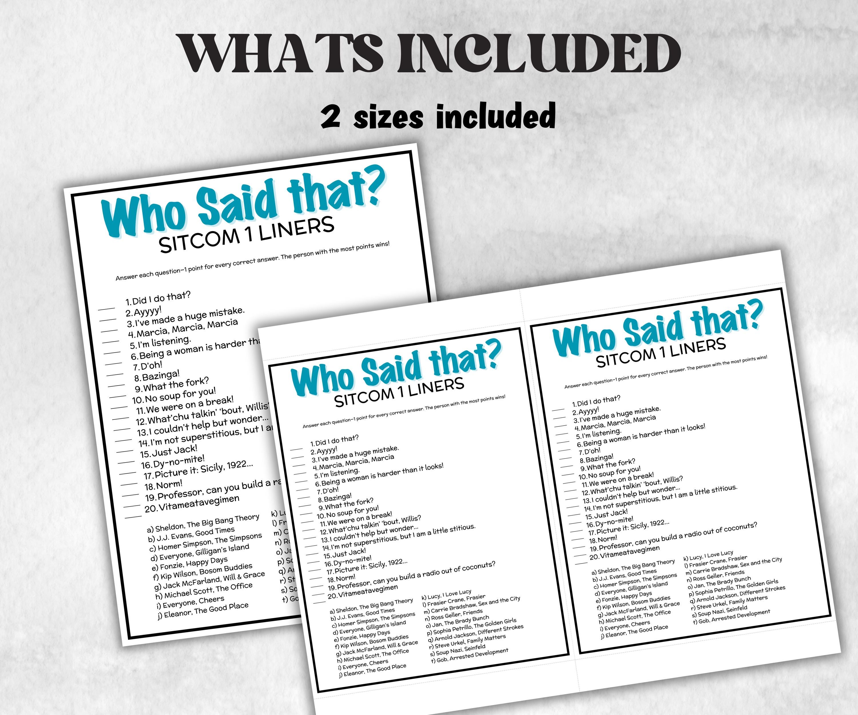 TV Sitcom Trivia Party Game, Television 1 liners Quiz, Pop Culture, Kids Teens Adult, Family Game Movie Night, Office Party, TV Show party-Holidays -TheHustlingCatLady-Party Games
